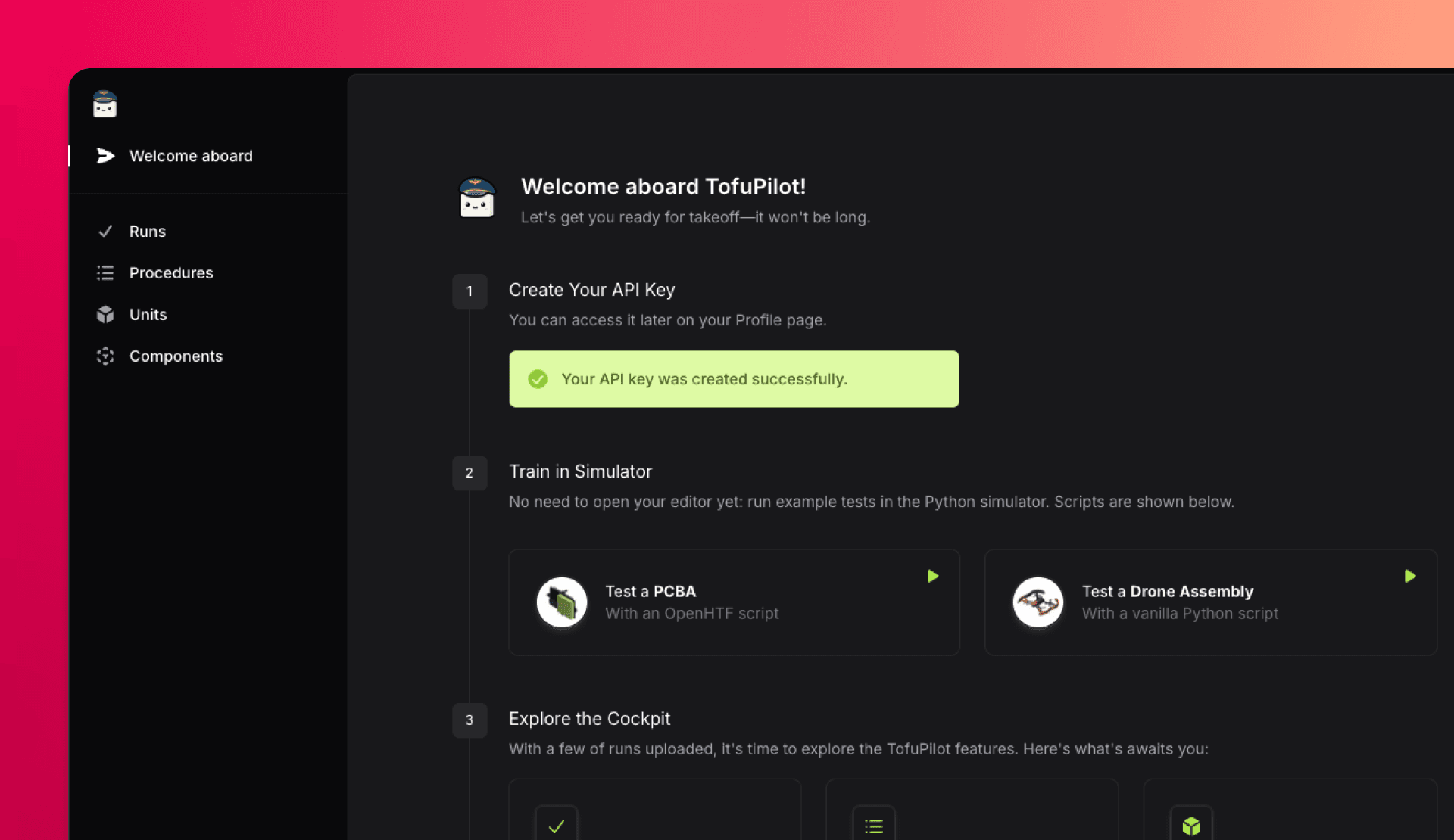 TofuPilot's Welcome Aboard page, allowing users to try the platform without writing code.