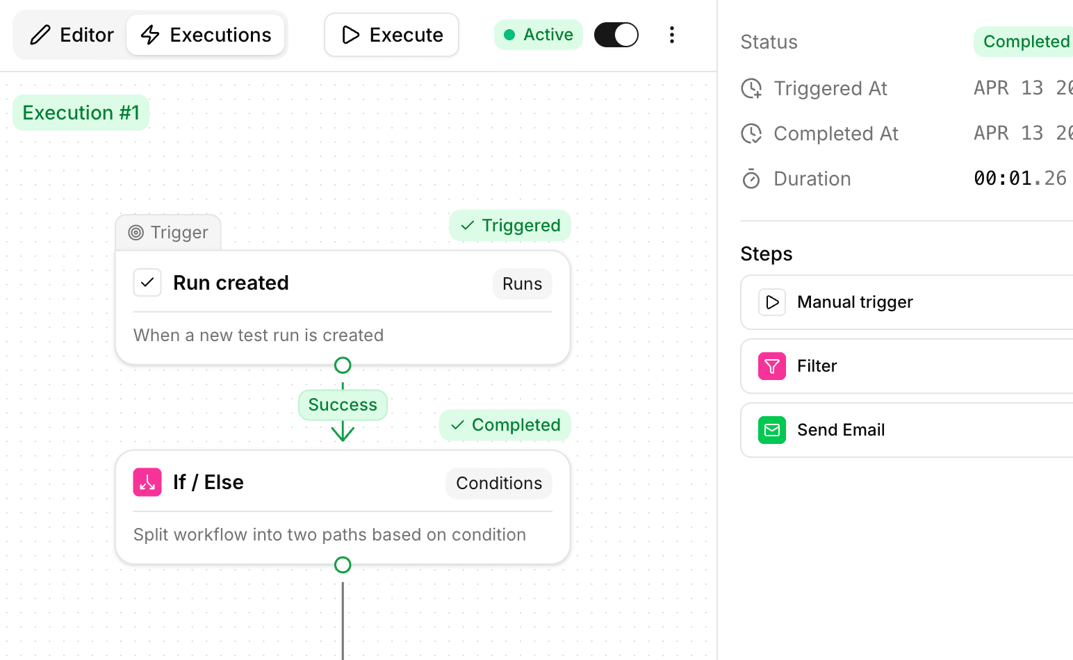 Execution view with step status and timing