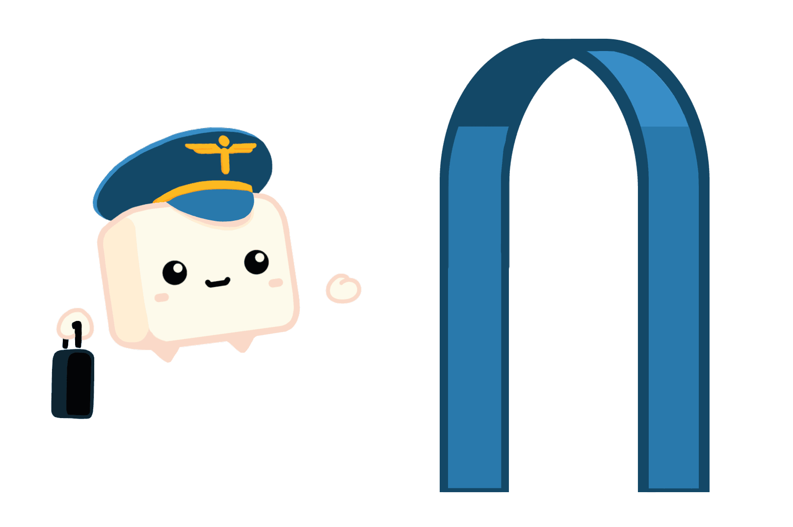 TofuPilot mascot at airport gate, metaphor for user signup journey
