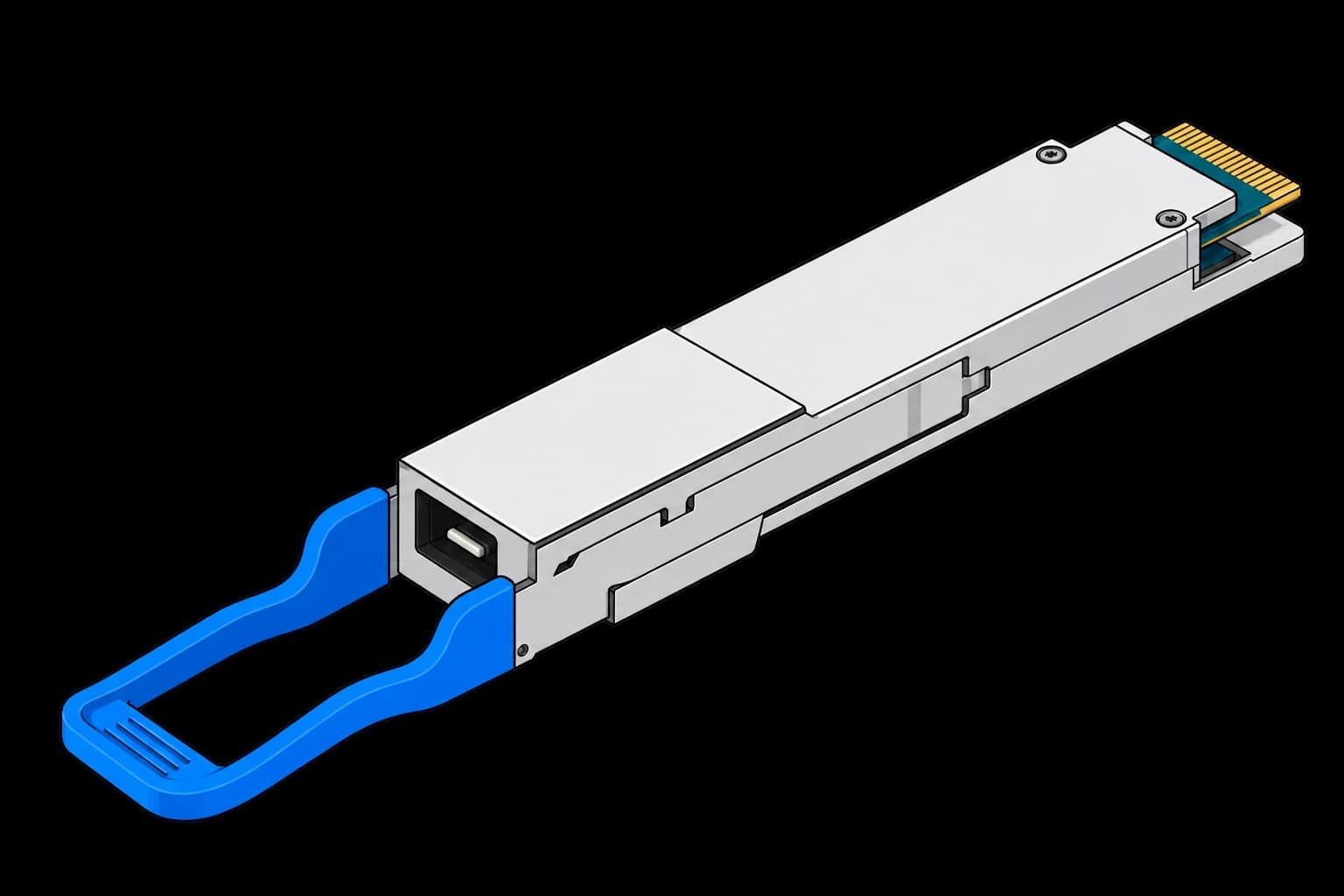 QSFP-DD optical transceiver with a recessed MPO receptacle, blue pull tab, and rear electrical contacts.