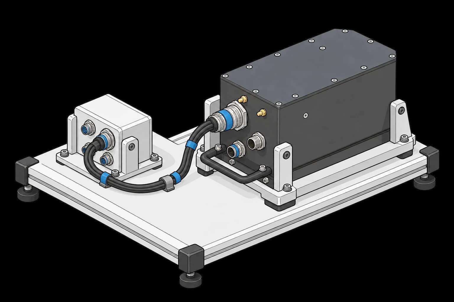 Avionics line-replaceable unit secured to a fixture with connector harnesses