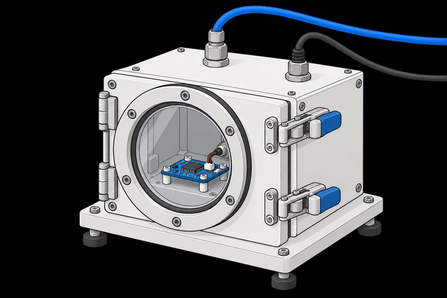 Sensor board inside a sealed pressure chamber with pneumatic and electrical feedthroughs
