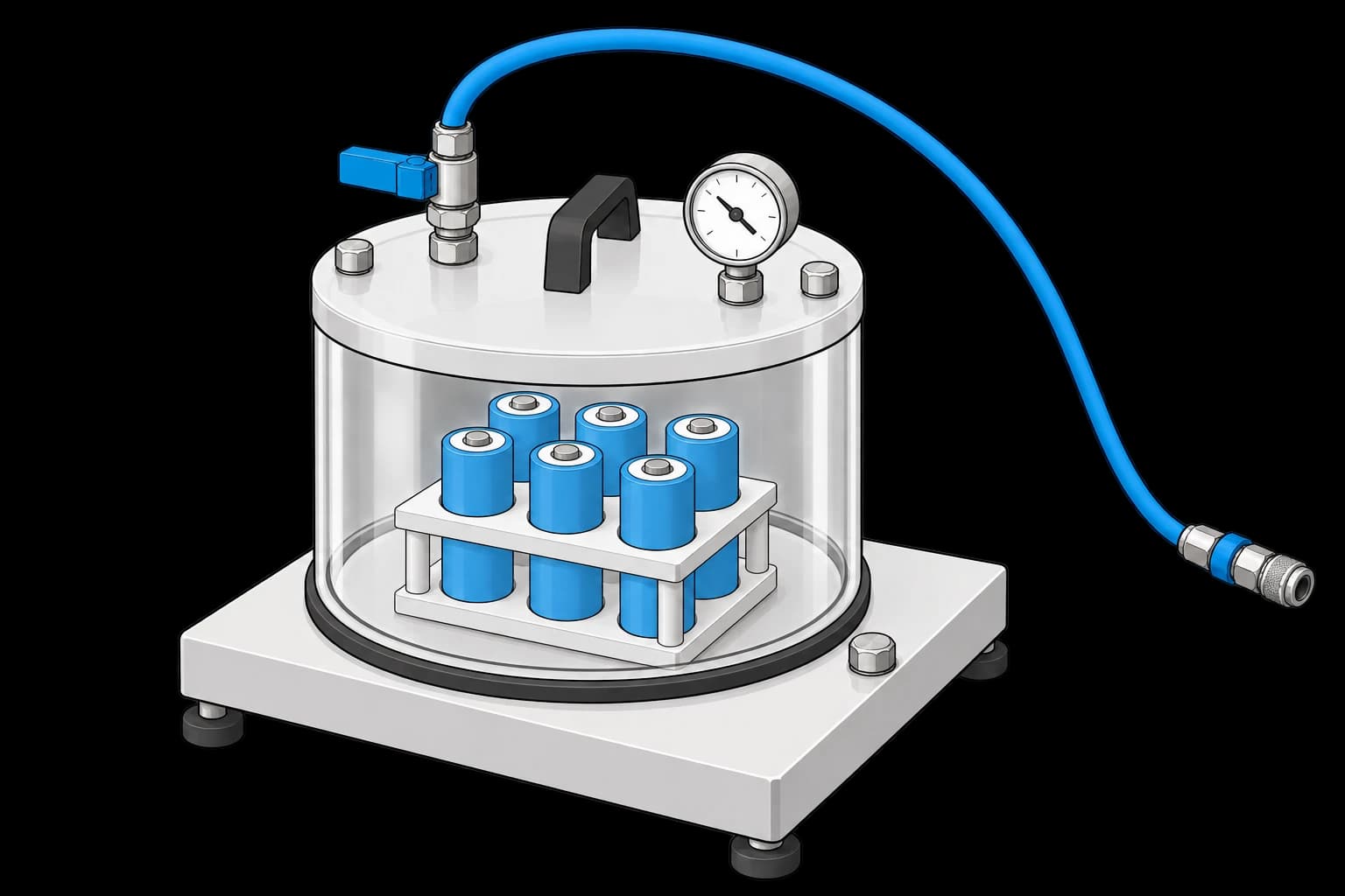 Cylindrical battery cells supported in a vacuum chamber with an external vacuum connection