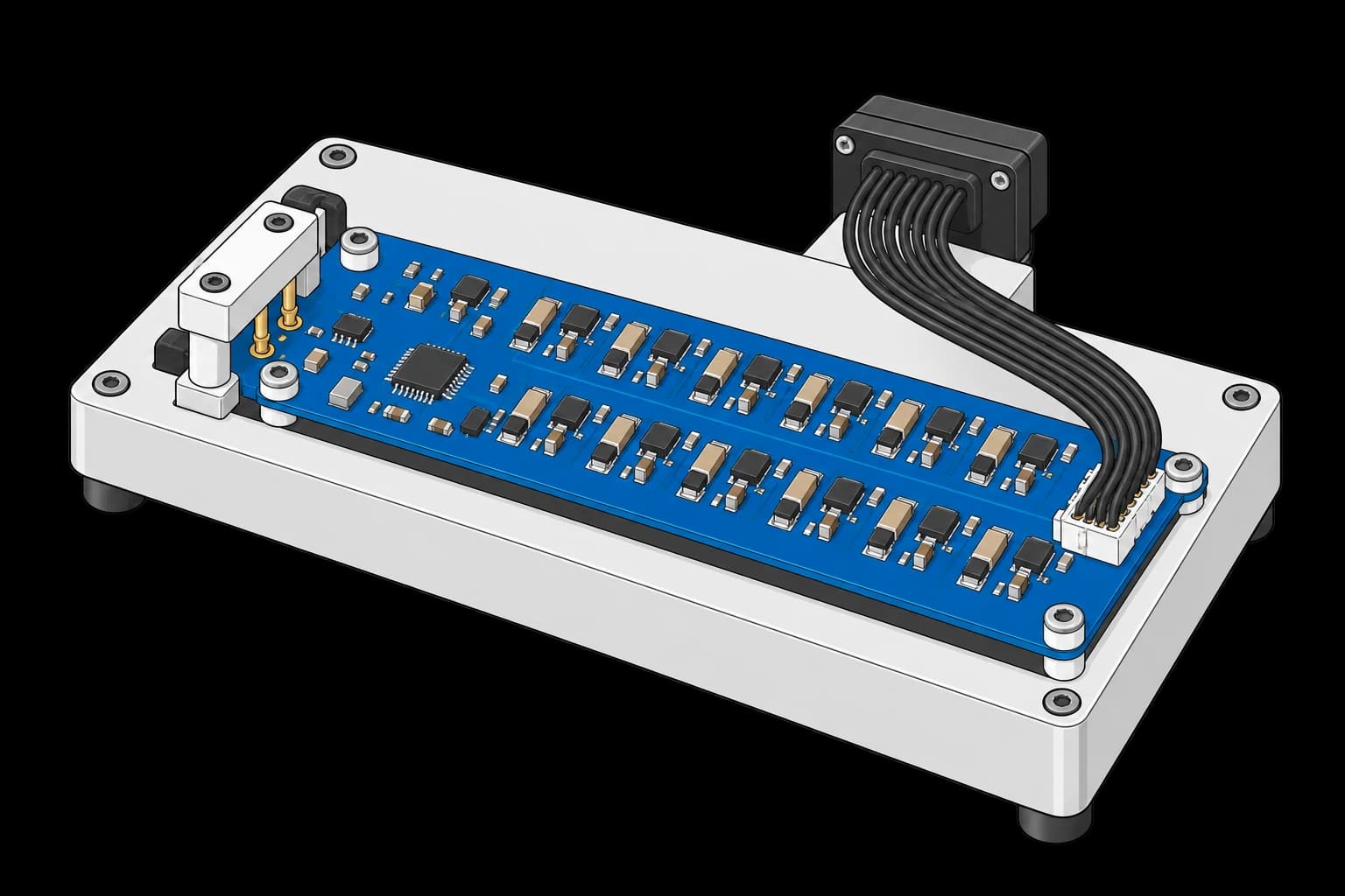 BMS board with two rows of balancing components and a cell-sense test harness