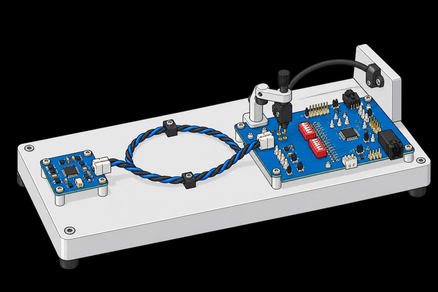 Cell-monitoring board and host bridge connected by a twisted-pair harness in a probe fixture