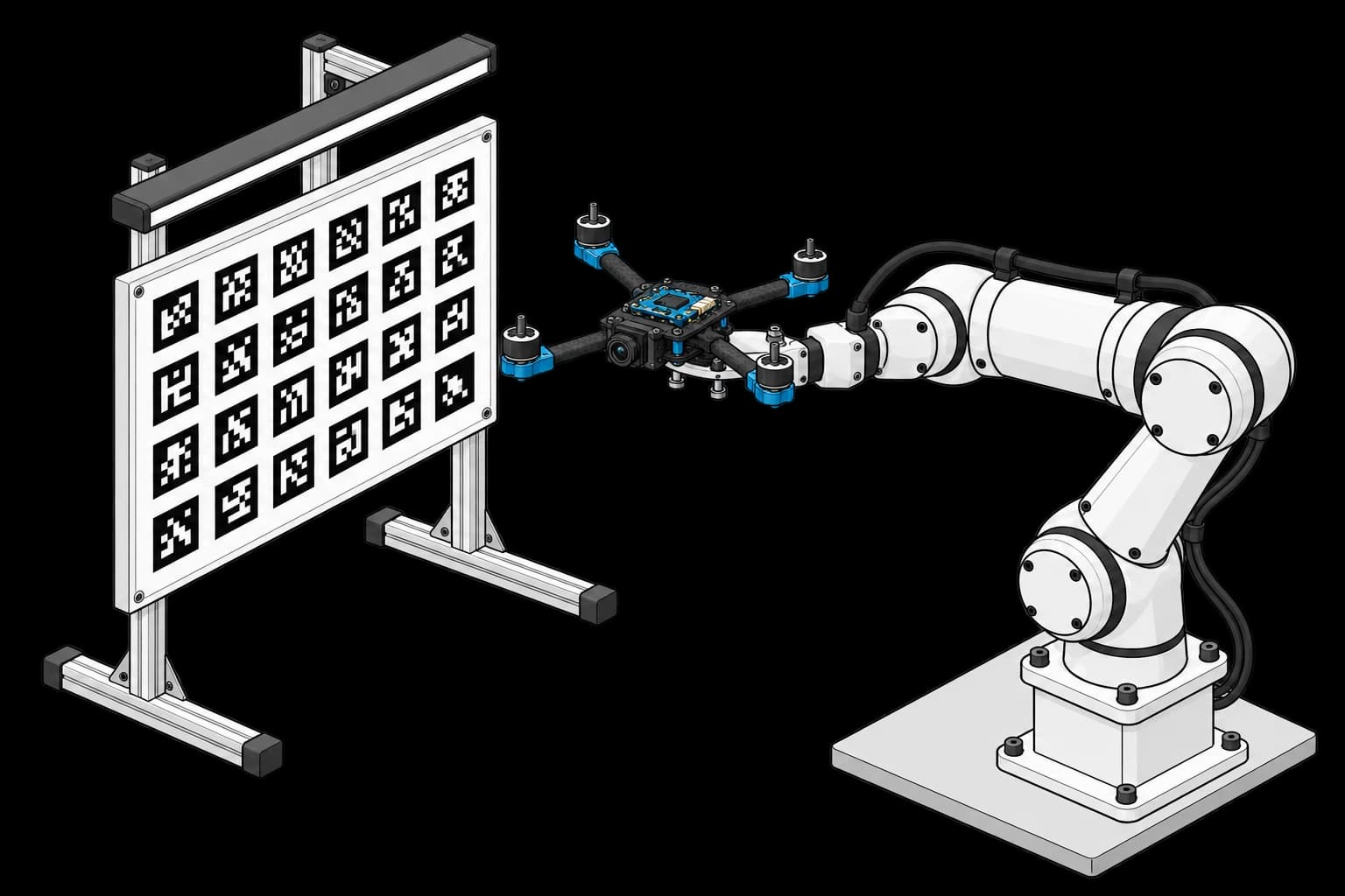 Four-arm quadcopter without propellers mounted on a robot opposite an AprilTag target