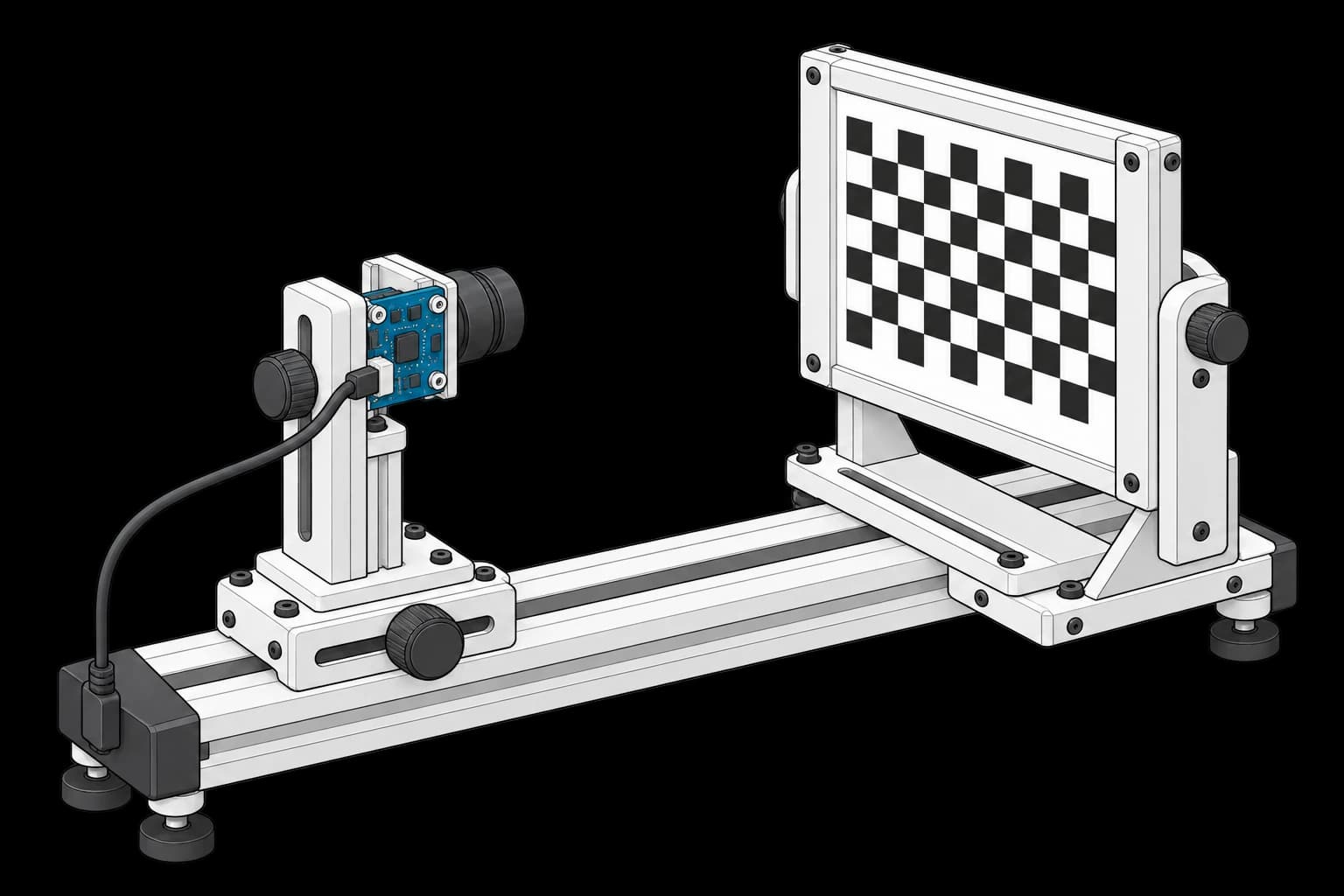 Camera module on an adjustable rail facing a checkerboard target
