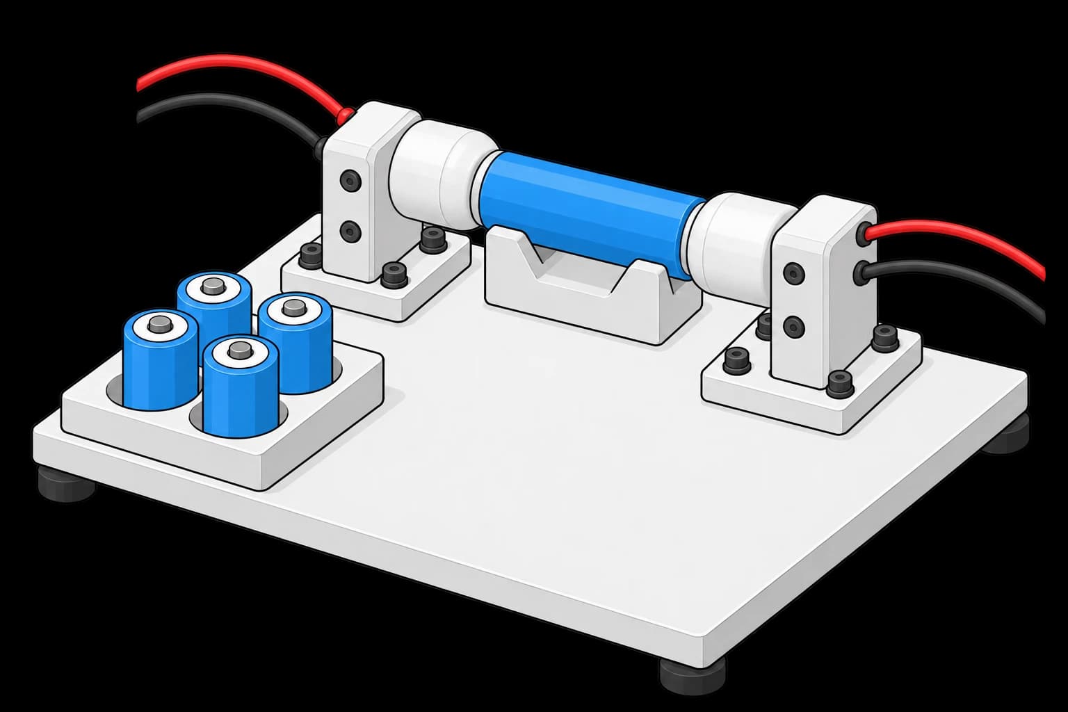 Cylindrical cell in an insulated four-wire contact fixture beside a waiting tray