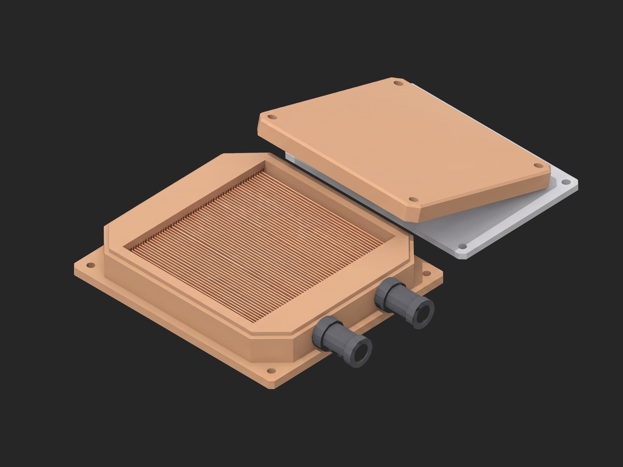 A copper microchannel cold plate on a small plate with its lid lifted off: the field of fine parallel fins in the open body and two dark-gray quick-disconnect stubs on one edge.