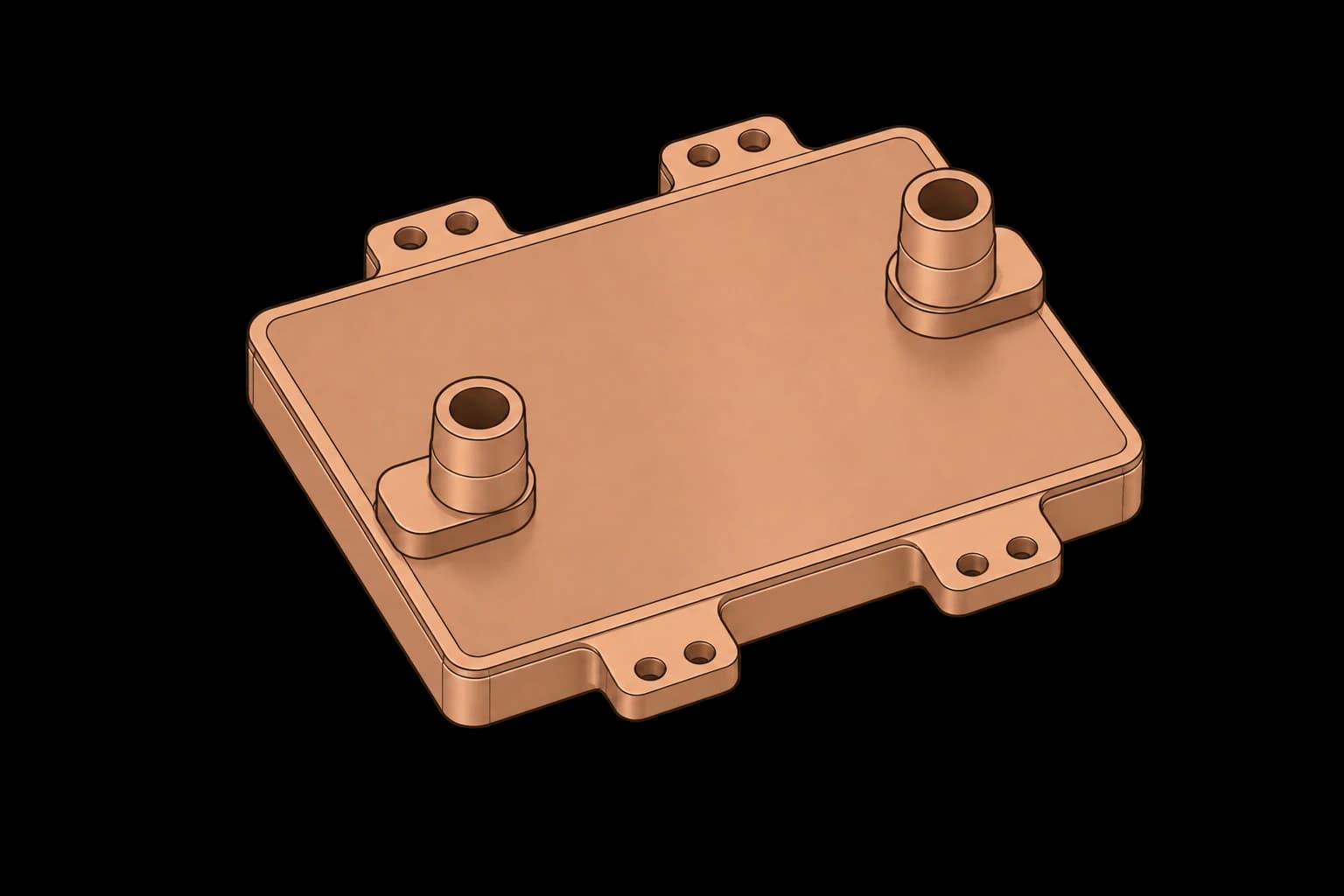 Sealed copper cold plate with two fluid ports, a lid seam, and mounting ears.