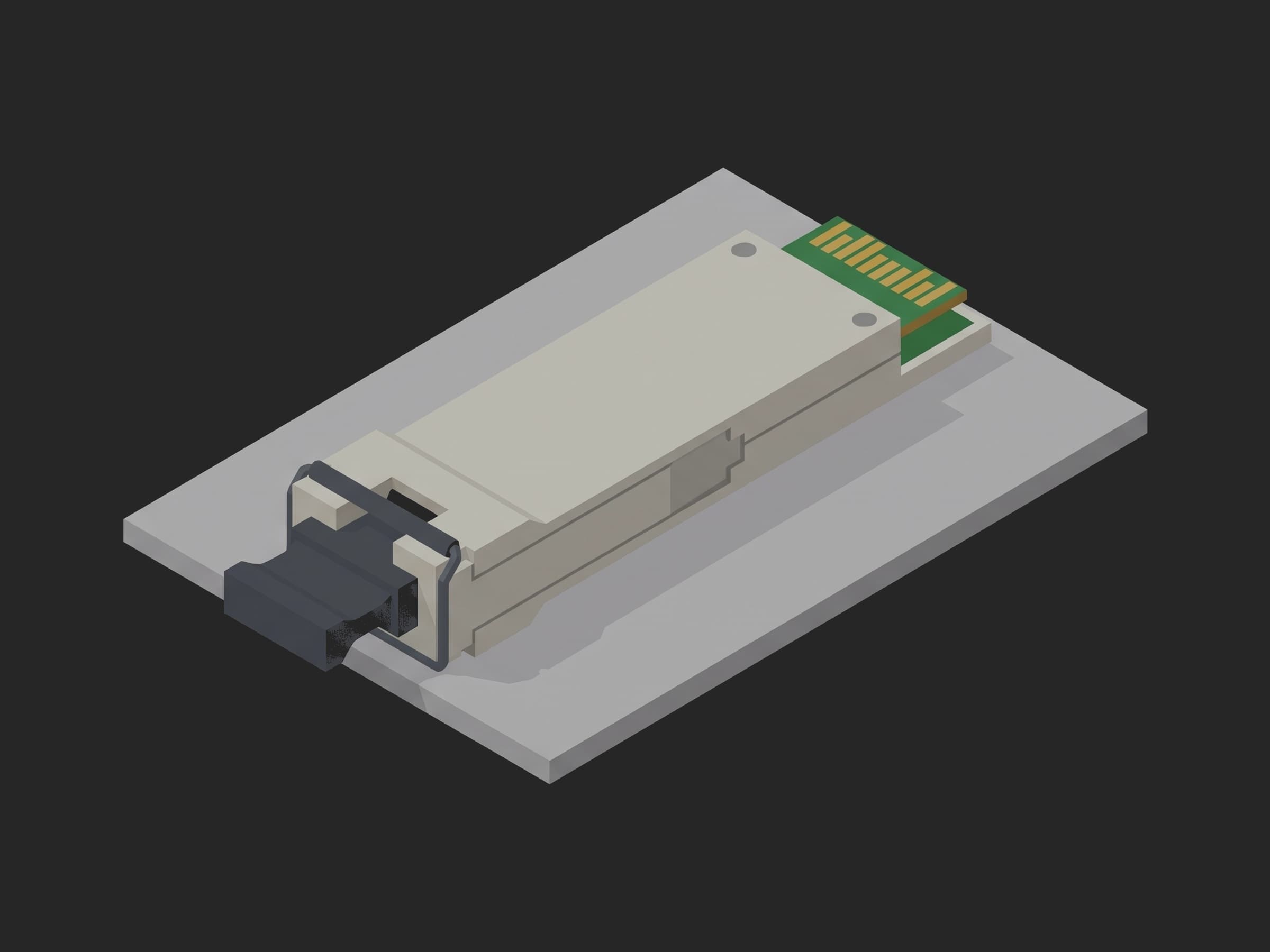 A QSFP-DD optical transceiver alone on a small light-gray plate: off-white metal body, dark-gray pull tab and bail latch at the MPO port end, and the green PCB tongue with its row of gold edge contacts at the rear.