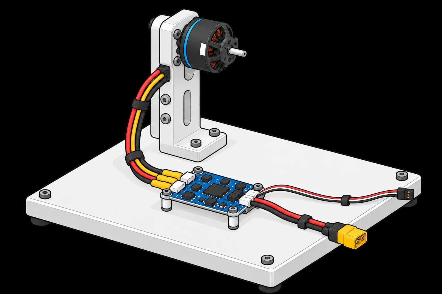 ESC board connected to a propeller-free motor with separate power and control leads