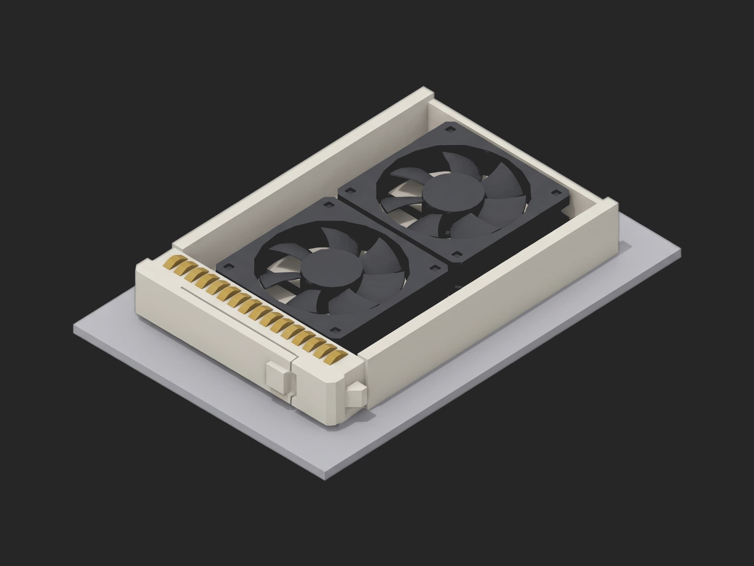 A dual-rotor server fan tray on a small plate: two dark-gray 80 mm rotors side by side in an off-white sled, a row of gold hot-swap edge contacts along the short edge and a latch on the front face.