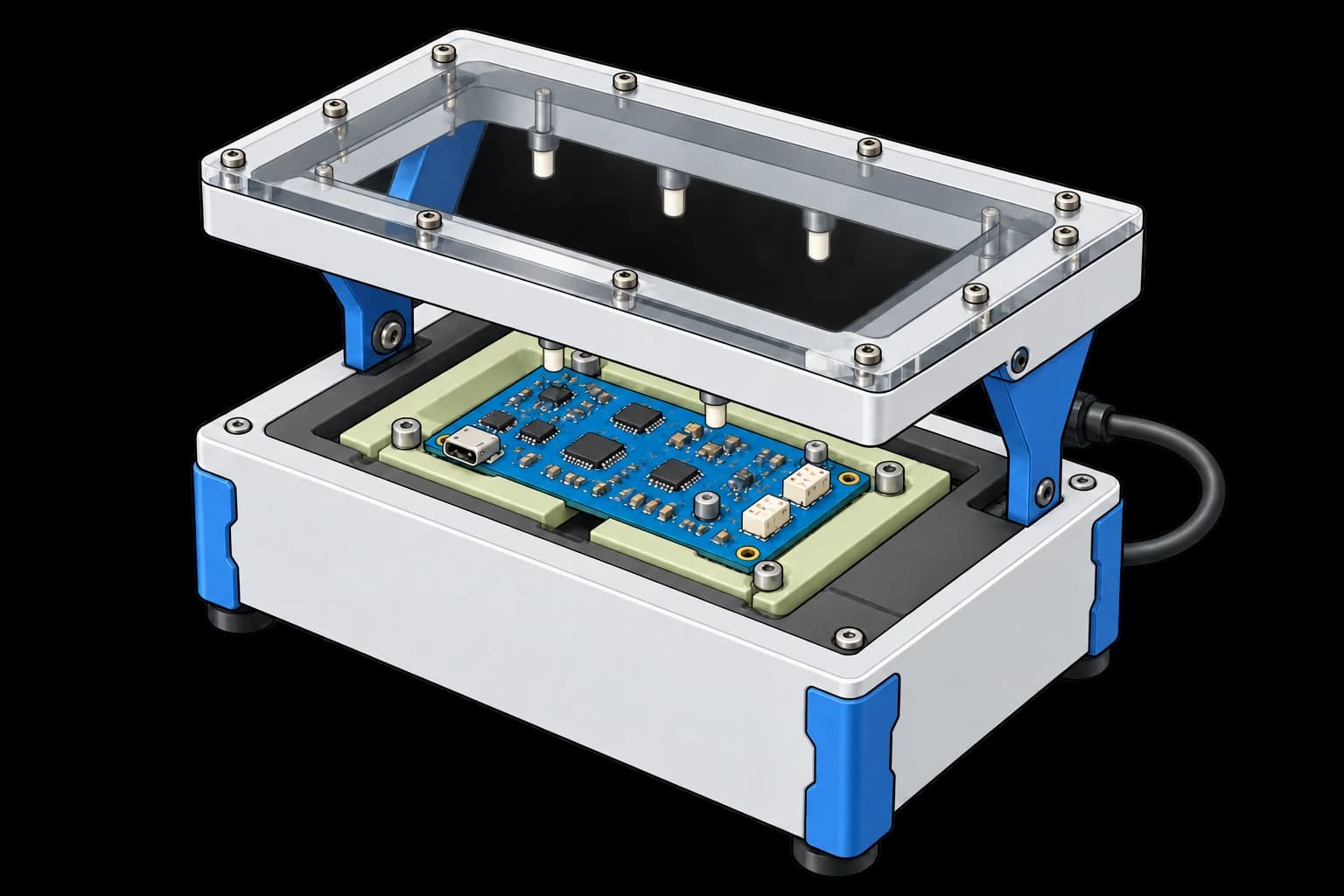 Blue circuit board in a manual test fixture beneath a raised transparent pressure plate