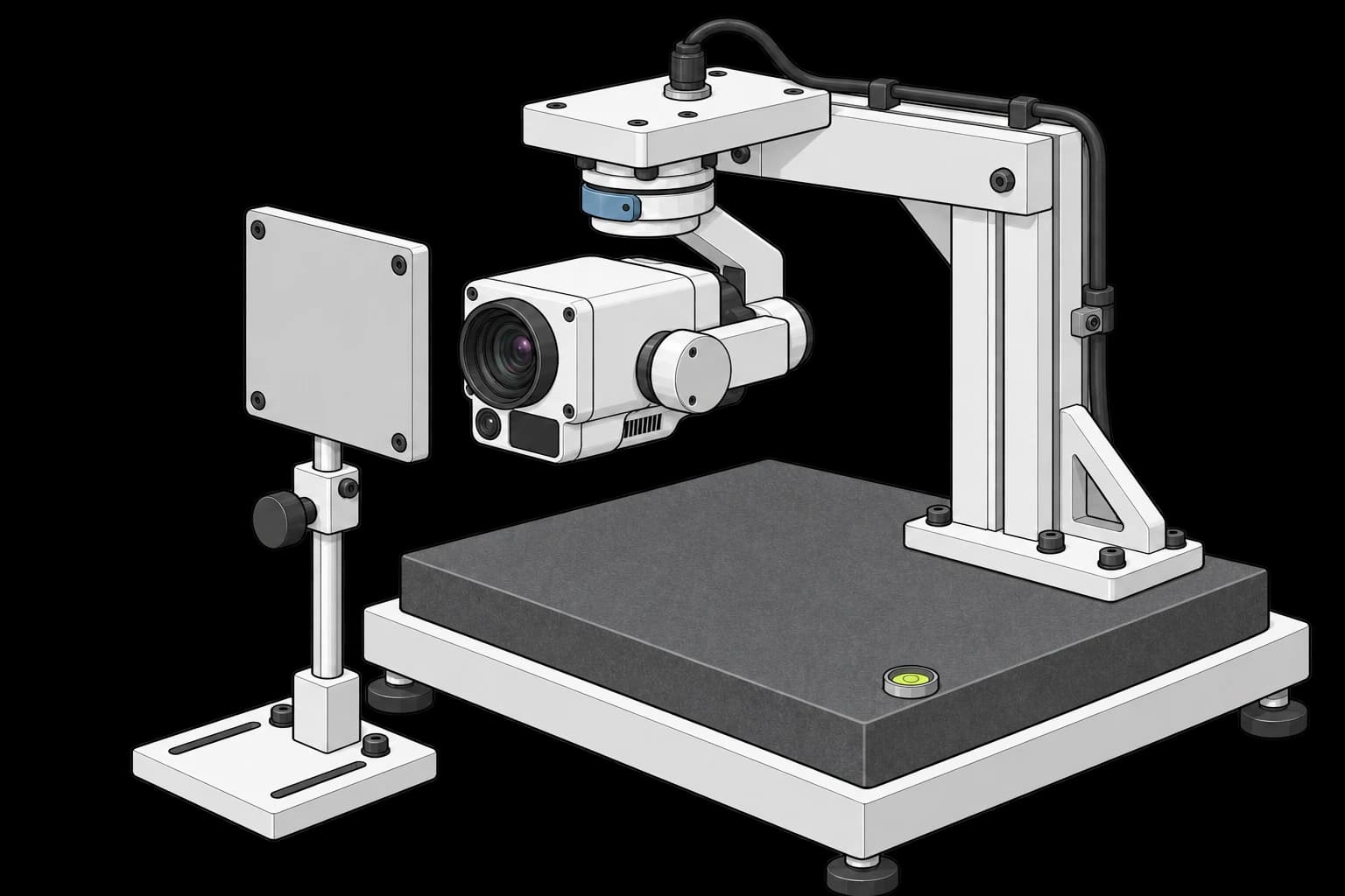 Three-axis camera gimbal suspended over a reference plate opposite a target