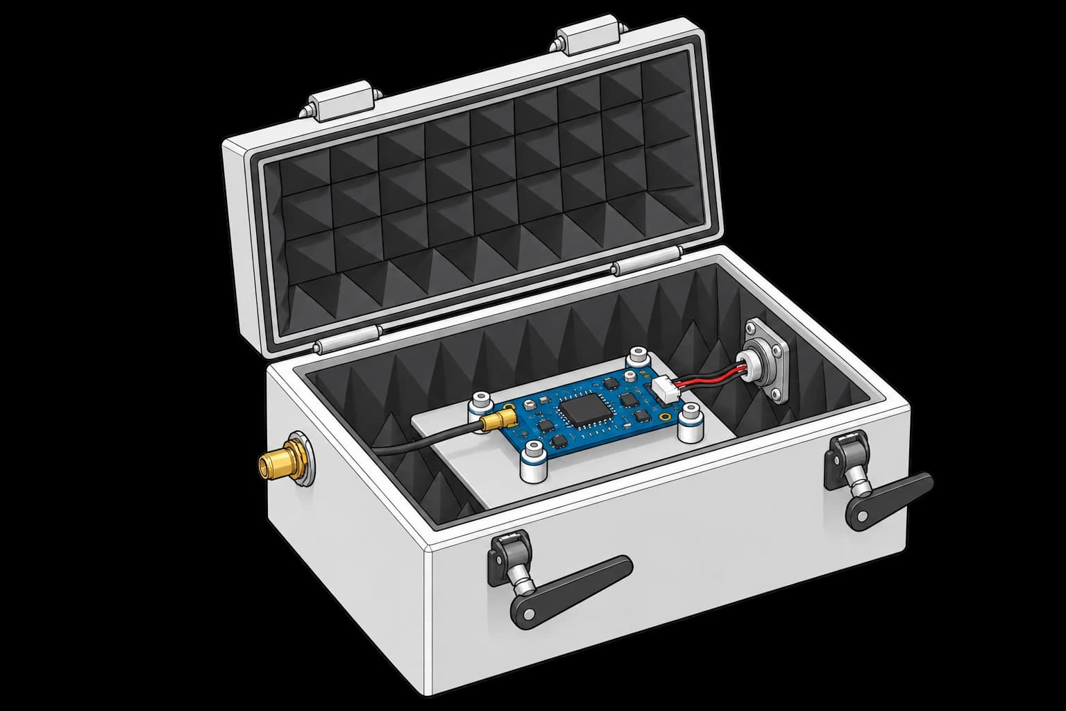 GNSS receiver board with coax and power connections inside an open RF shield box