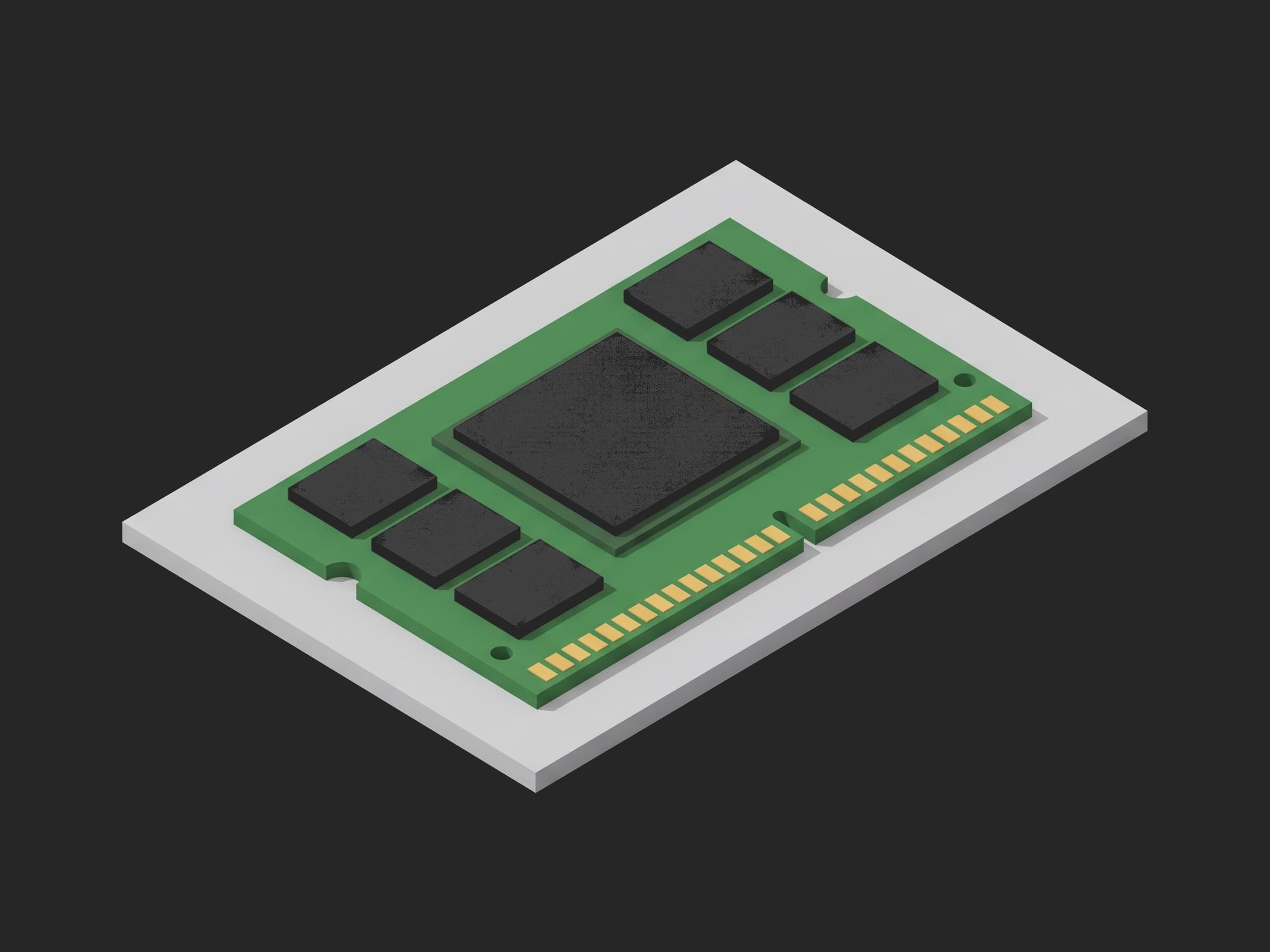 One GPU module on a small light-gray plate: a large black chip in the centre of a green board with three black HBM stacks on each side and gold contact pads along the bottom edge.