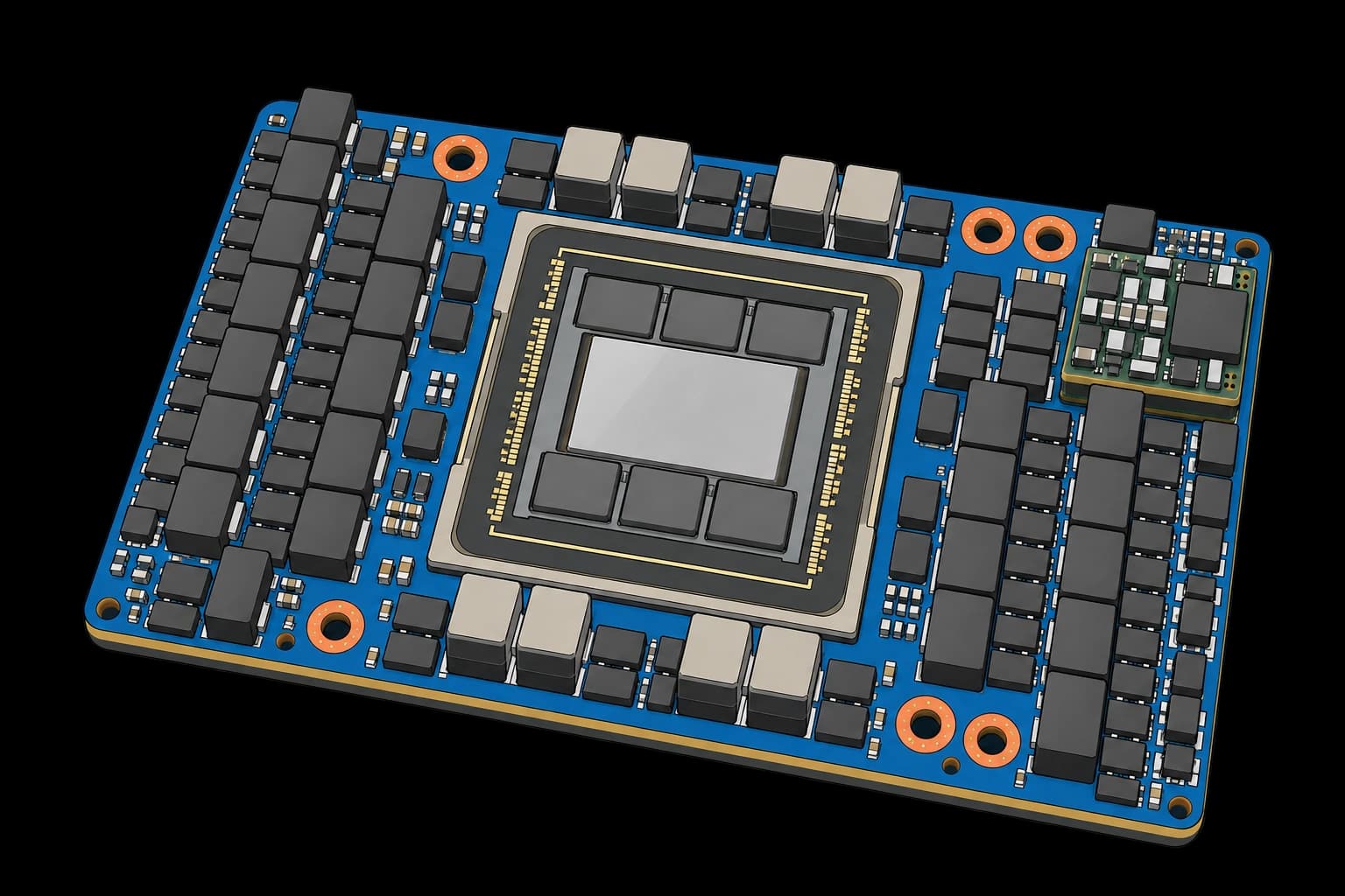 SXM GPU module with a central GPU and HBM package, surrounding power components, and mounting holes.