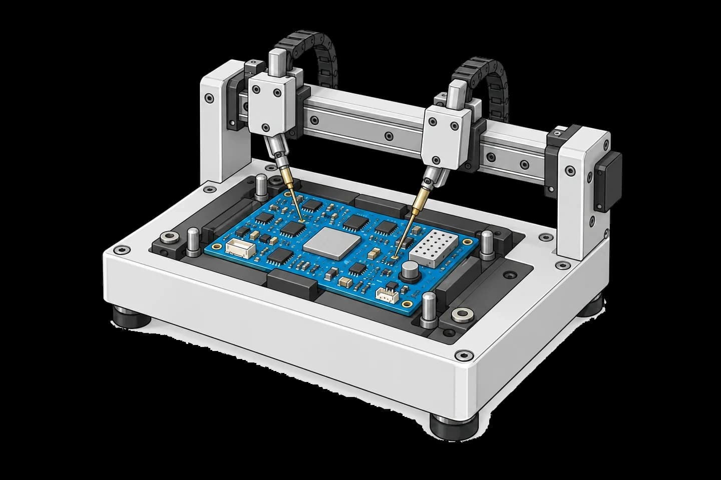 Two flying probes contacting a blue circuit board on a test bed