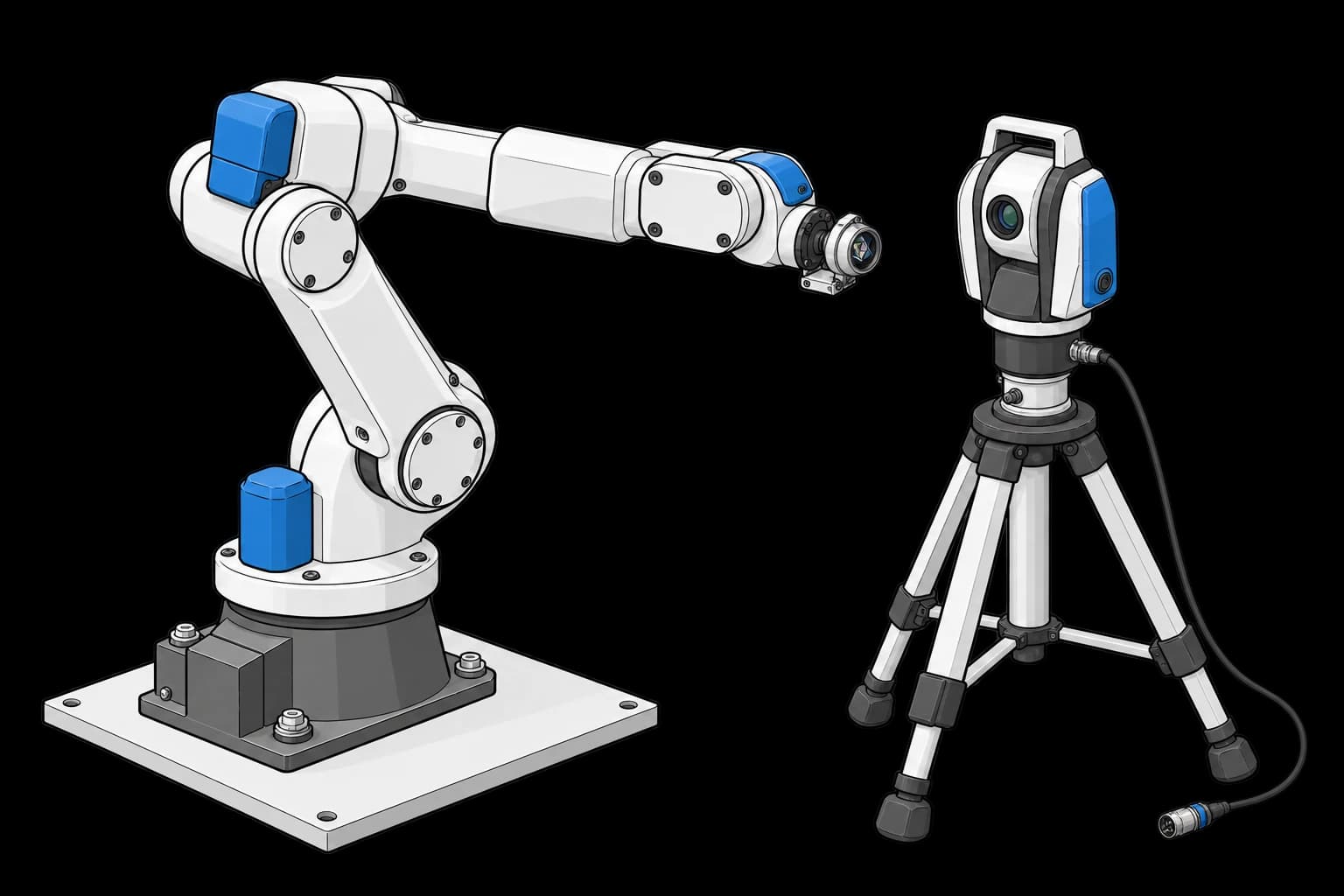 Robot wrist reflector opposite a laser tracker on a tripod