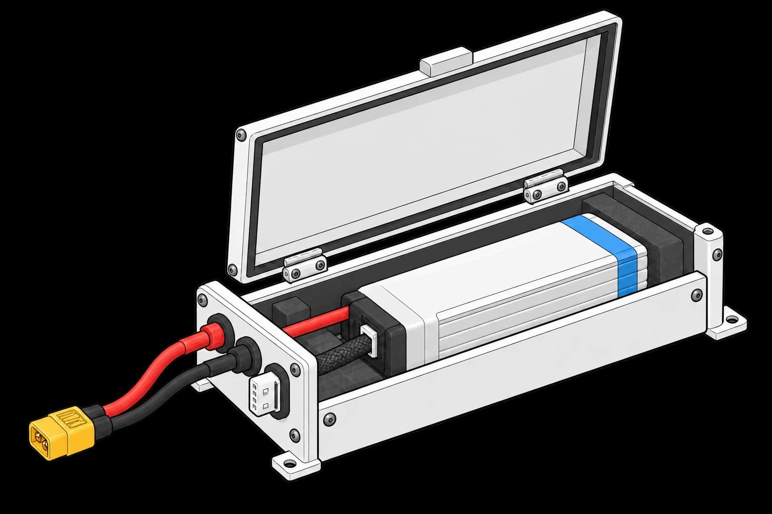 LiPo battery pack secured in an enclosure with separate power and sleeved balance leads