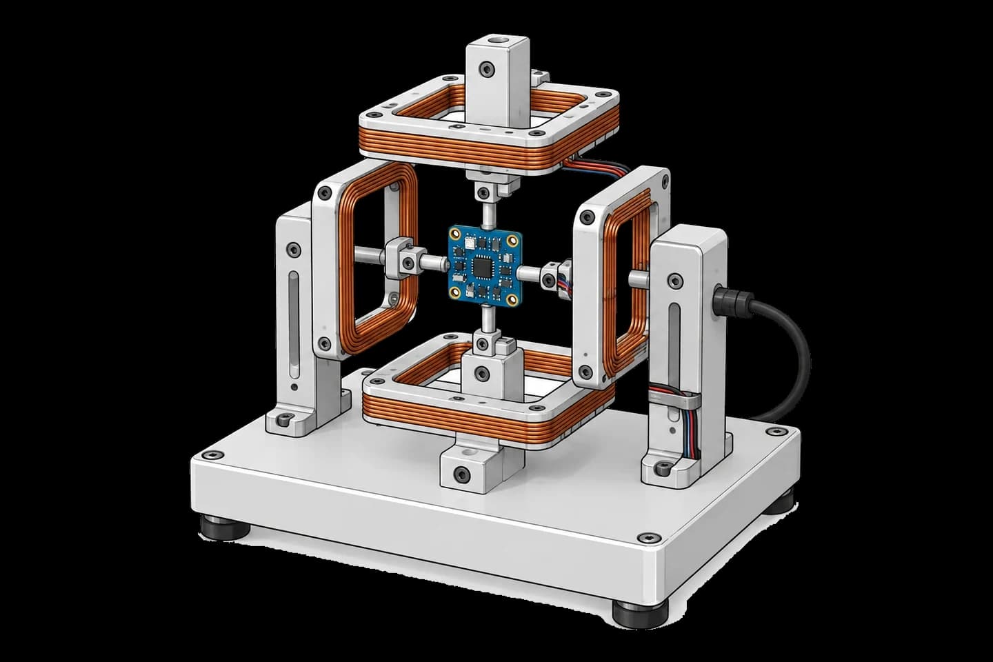 Blue sensor board in a rotation jig surrounded by copper calibration coils