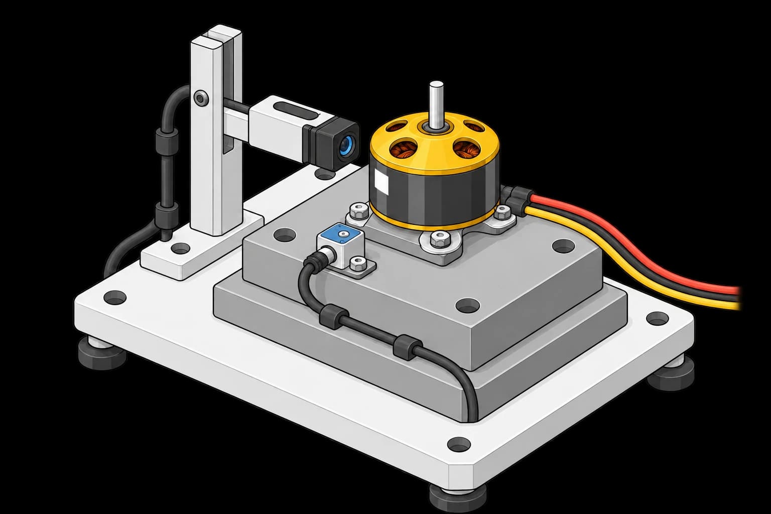 Propeller-free motor on a rigid fixture with accelerometer and optical tachometer