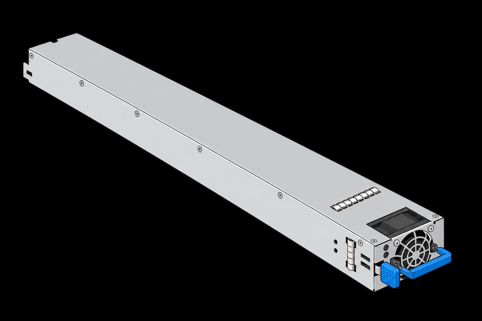 Slender hot-swap rack power supply with a closed metal enclosure, front fan grille, and blue extraction handle.