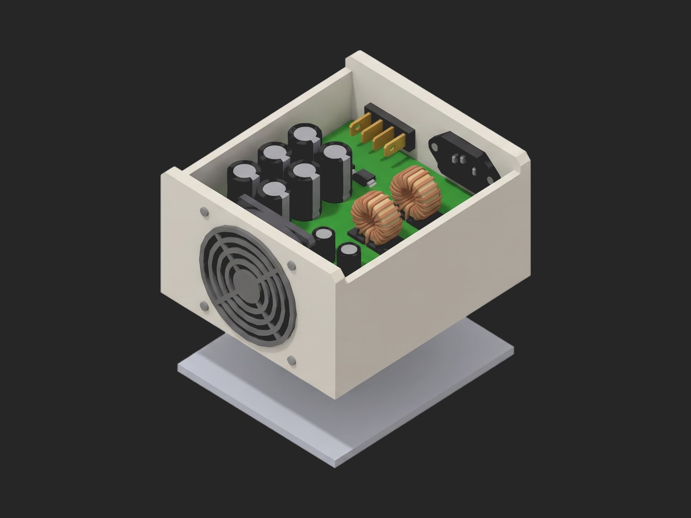 A rack power-supply module with its top cover removed: the fan grille on the front face, the gold blade output connector and the black AC inlet at the rear, and on the green PCB the bank of bulk capacitors and two toroidal coils.