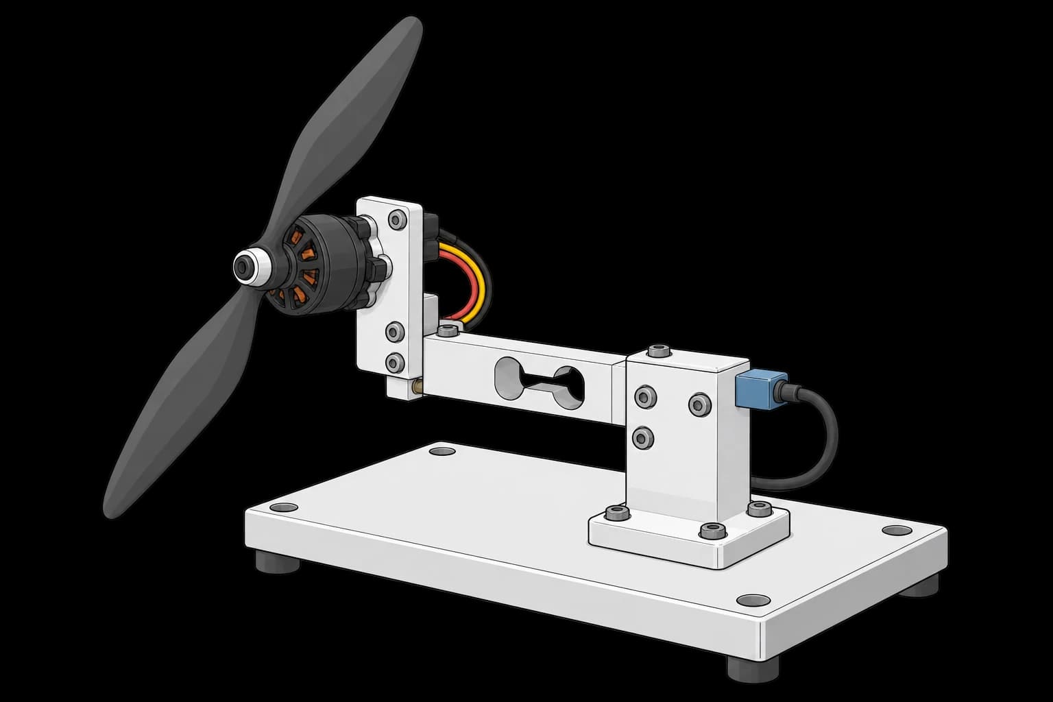 Motor and propeller mounted through a force transducer on a thrust-test fixture