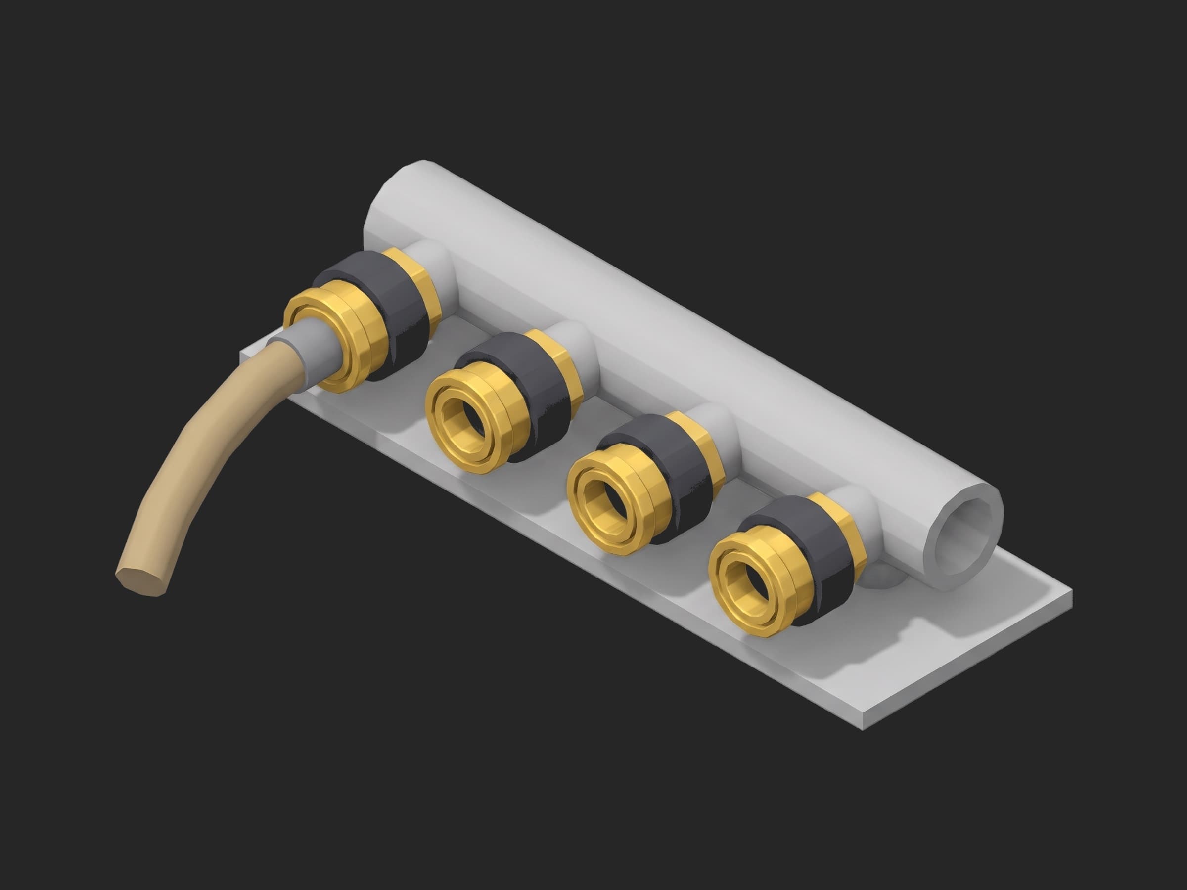 One section of a rack coolant manifold on a small light-gray plate: a light-gray tube with four quick-disconnect couplings in a row, each with a dark-gray collar and a gold face, and one sand-coloured hose attached to the first coupling.
