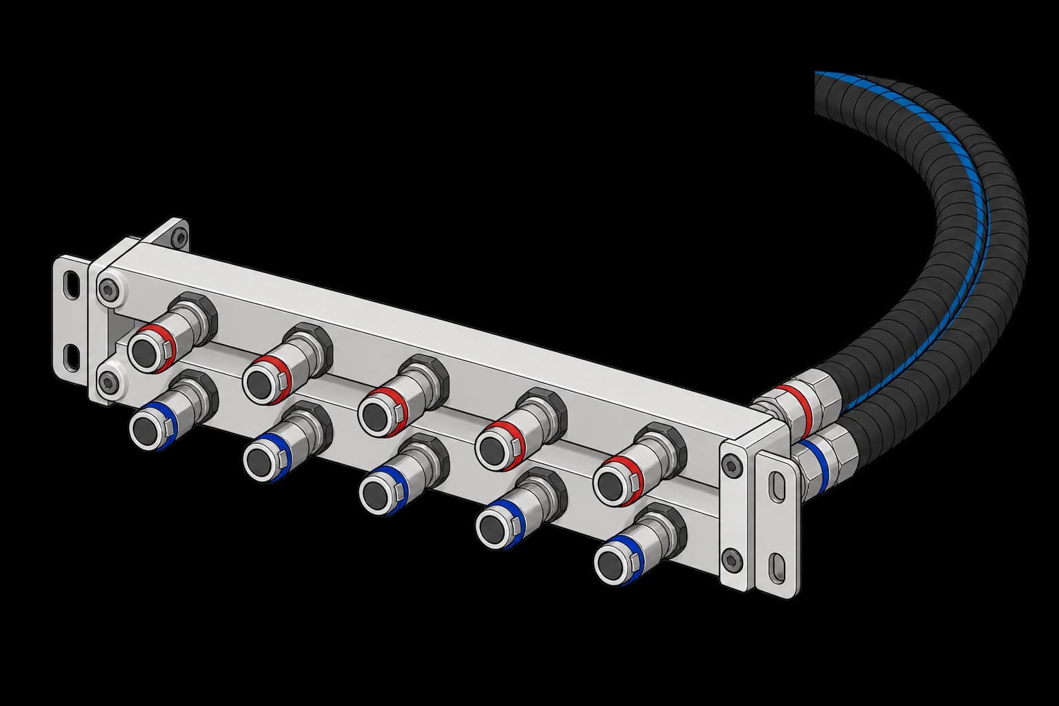 Paired supply and return coolant manifolds with color-coded quick-disconnect couplings and main hoses.