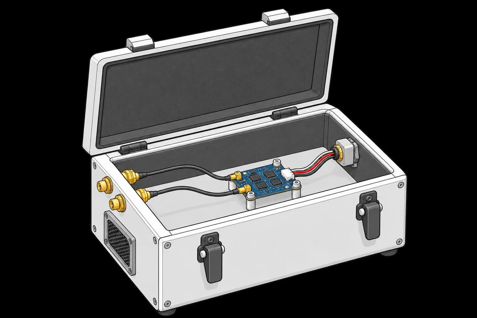 RC receiver with two coax connections and an electrical harness inside an RF shield box