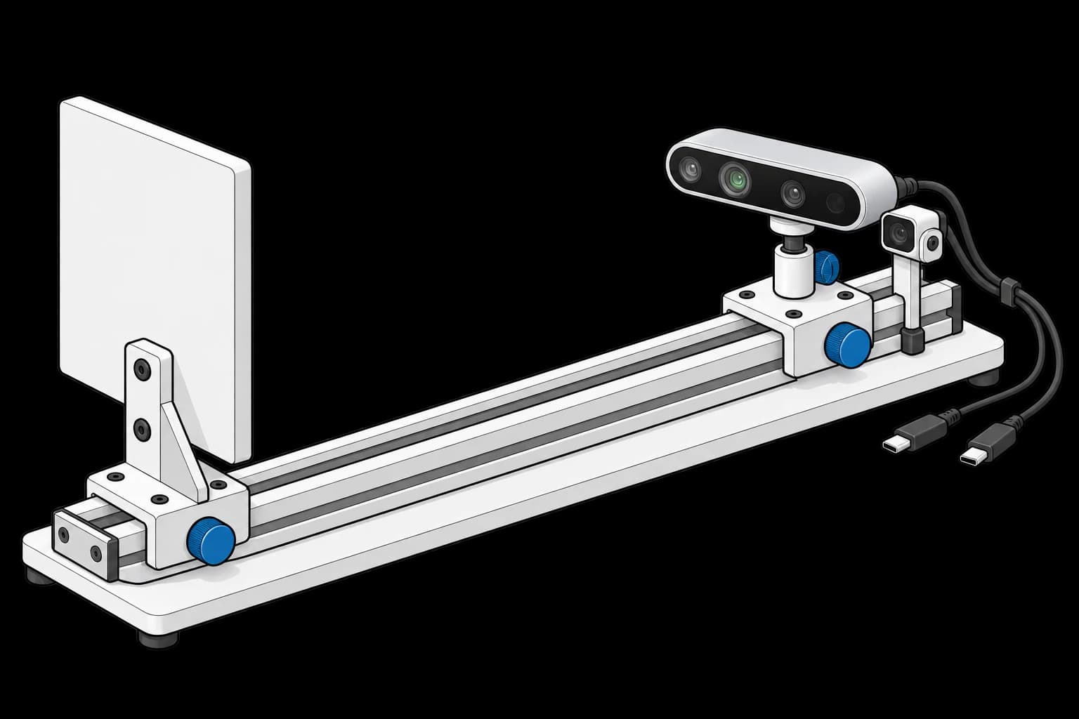 RealSense D435 camera and reference sensor facing a flat target on an adjustable rail