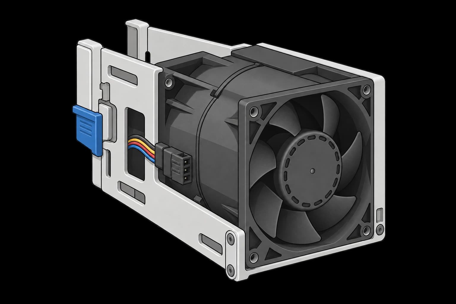 Deep tandem server fan module with two coaxial rotor stages, a mounting sled, blue latch, and fan connector.