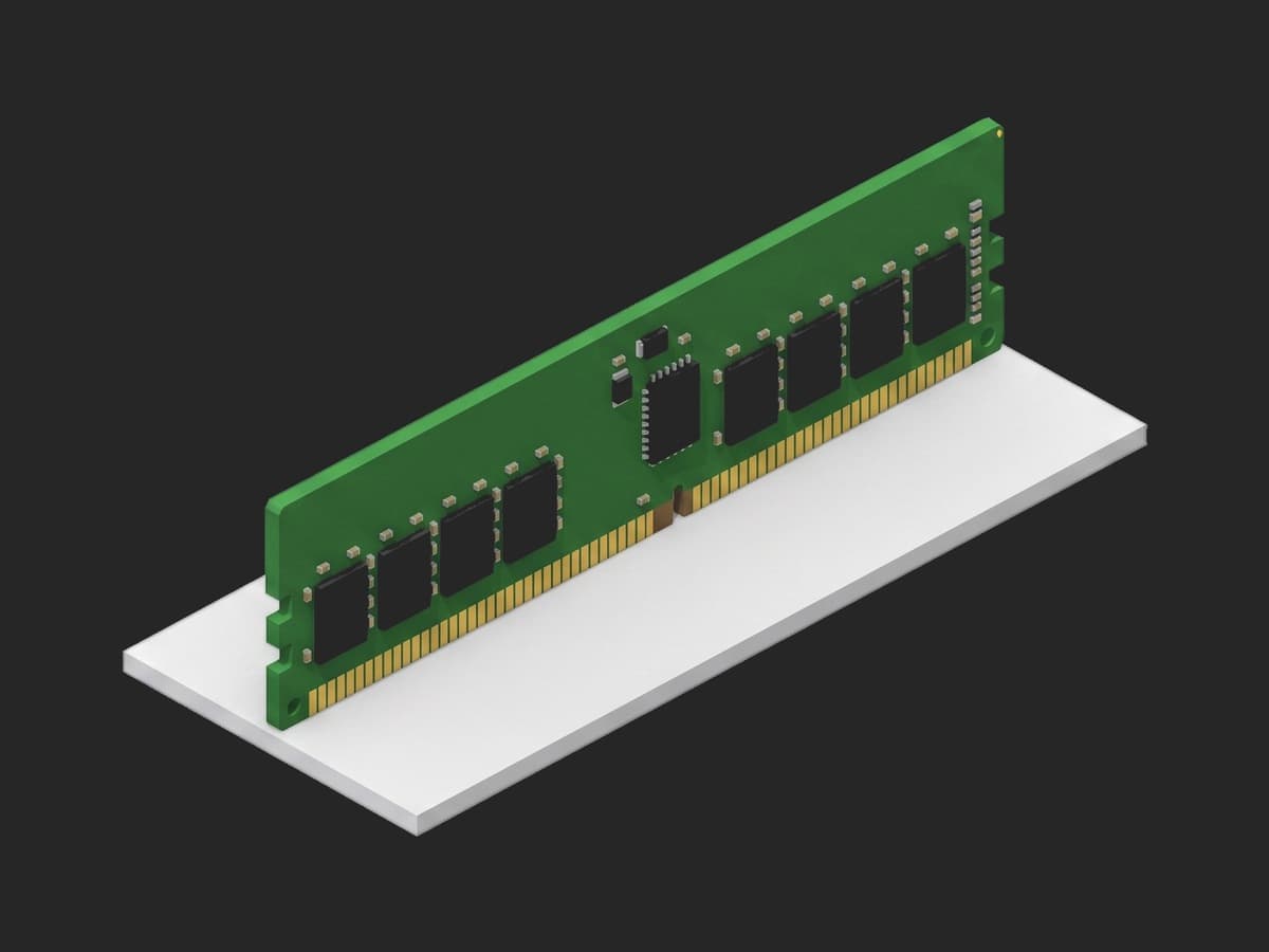 One DDR5 server memory module standing on a small plate: a green PCB with a row of black memory chips, a small SPD chip and a gold edge connector.