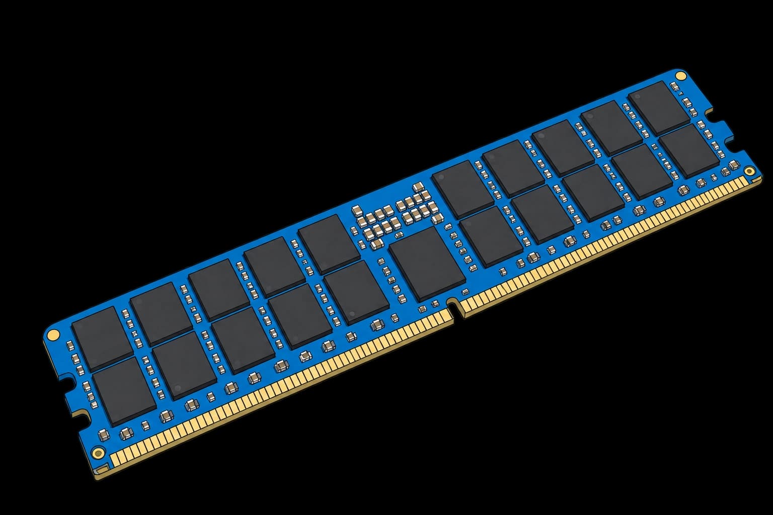 DDR5 server RDIMM with DRAM chips, supporting components, a keyed gold contact edge, and side retention notches.