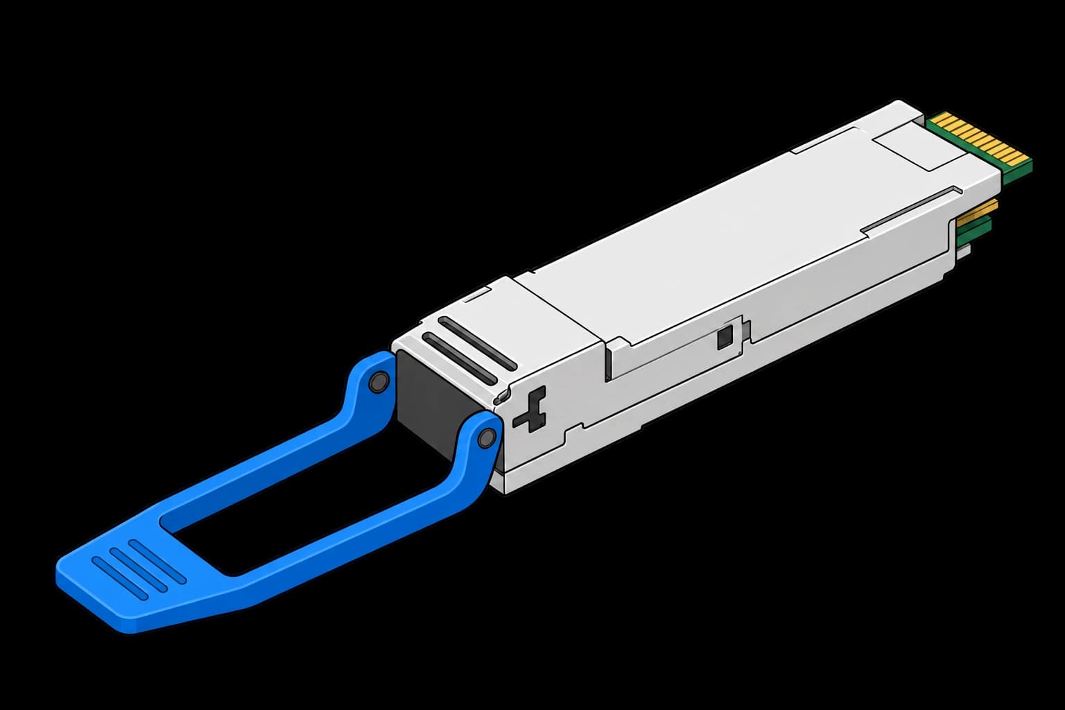 QSFP-DD electrical loopback module with a blue pull tab, closed front cap, and rear gold edge contacts.