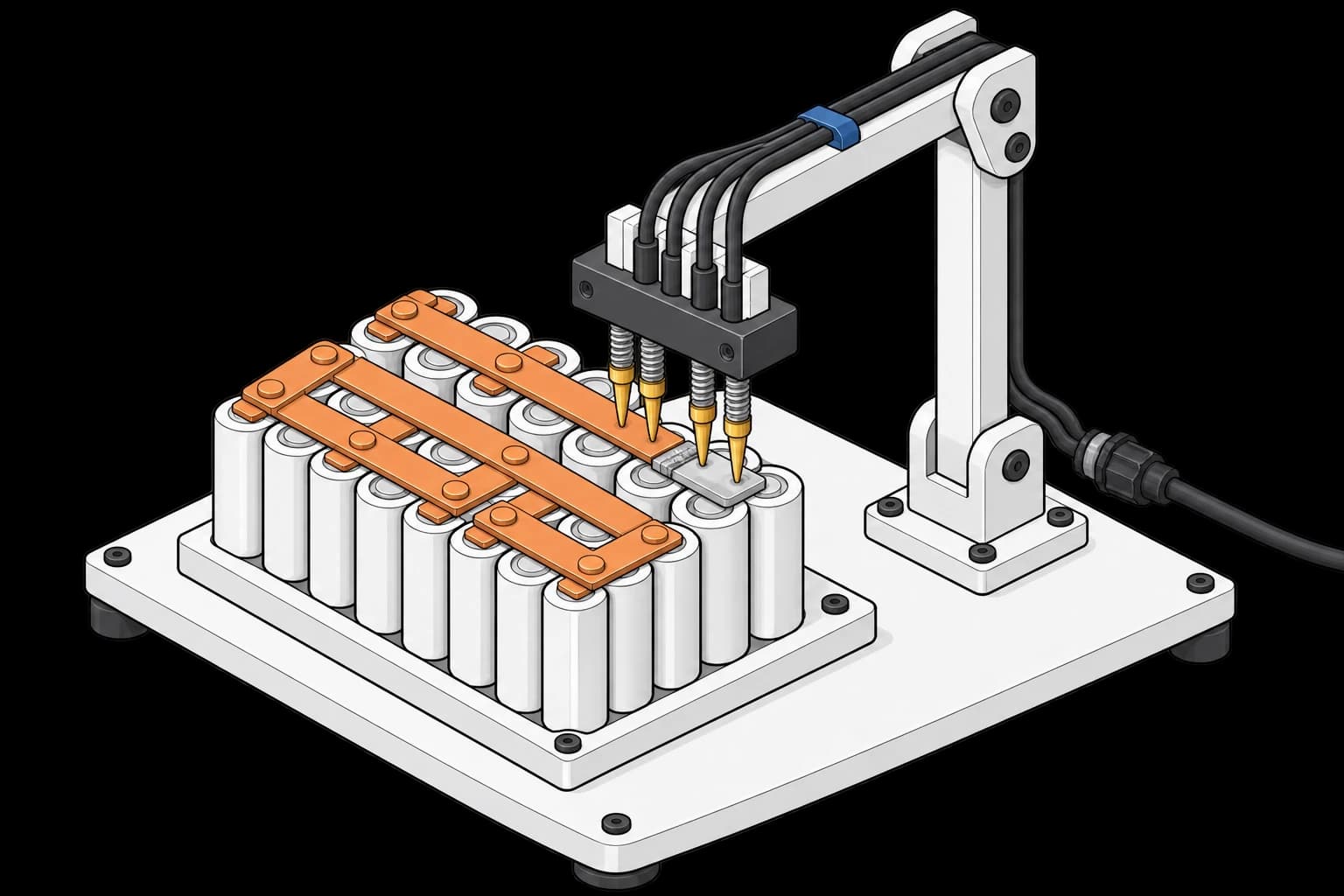 Four spring probes spanning a busbar joint on an insulated cell-module fixture