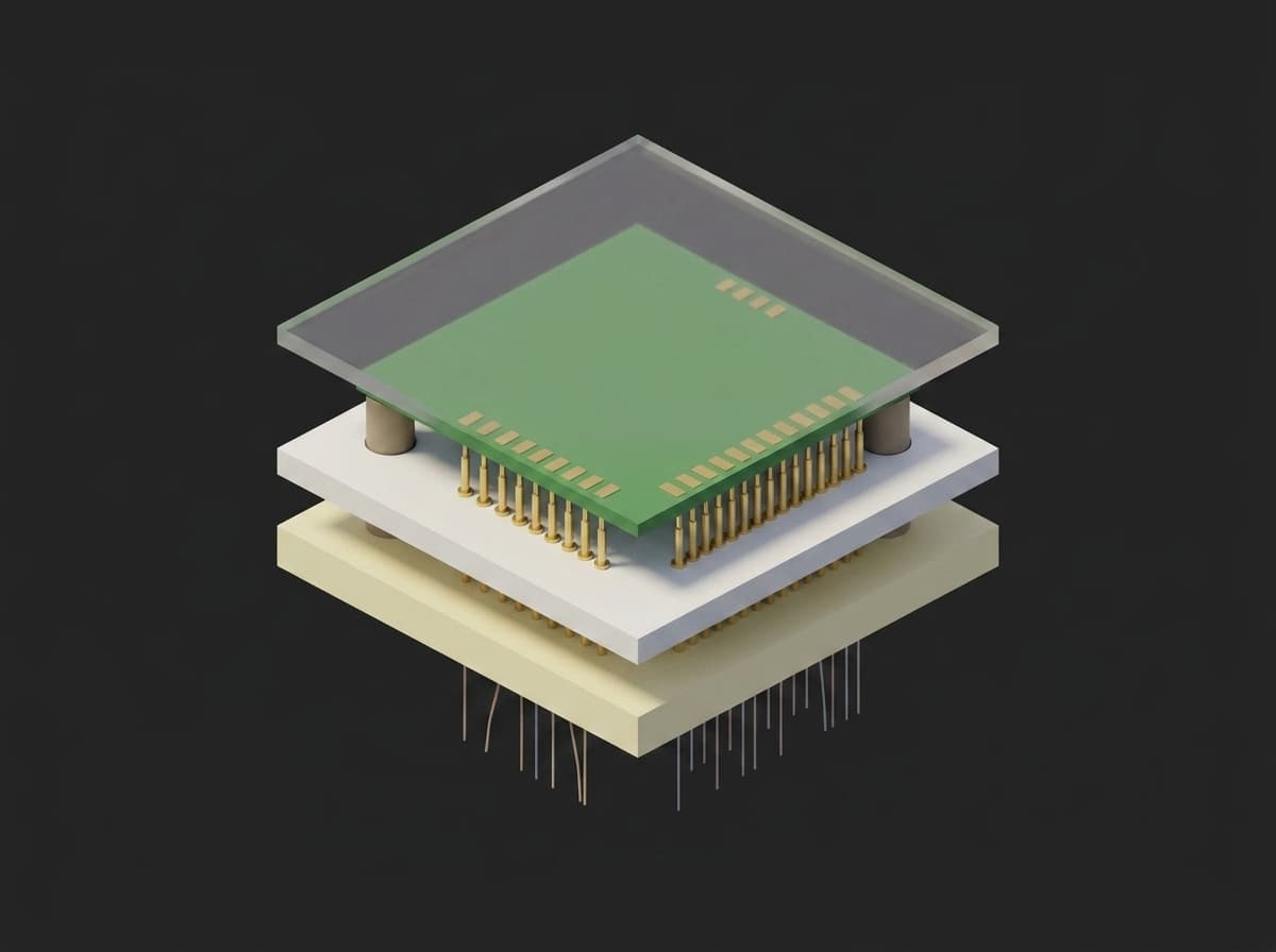 Cutaway of a pogo-pin fixture: the PCB on tooling pins, spring probes in the probe plate contacting the test pads underneath, the wired backer plate below, and the top plate pressing the board down.
