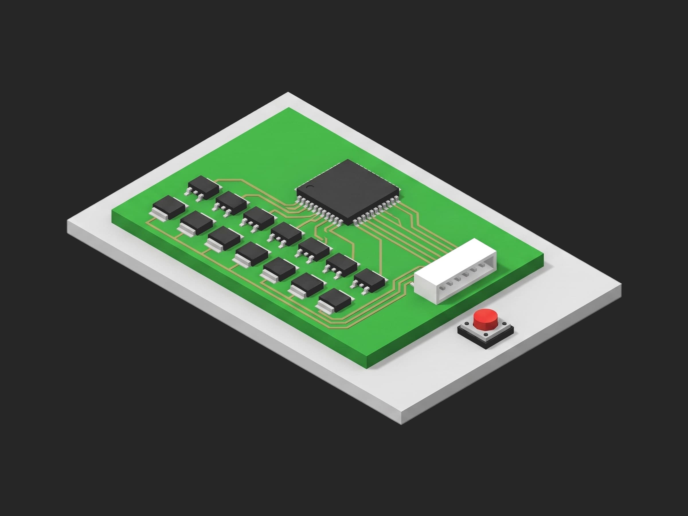 A BMS PCBA close up: a row of bleed FETs in two lines along the board's edge, the AFE chip behind them, copper traces to the white sense connector.