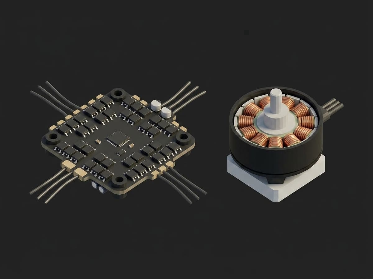 4-in-1 drone ESC board with its FET banks, MCU and capacitors next to a brushless outrunner motor with the bell removed, exposing the stator windings.