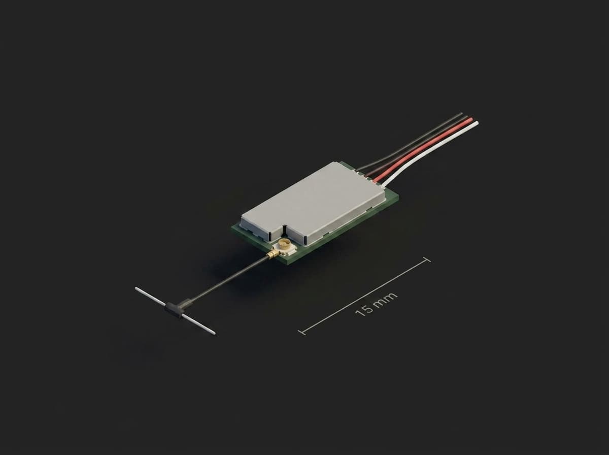 Close-up of a small drone RC receiver board with its shielded LNA stage, U.FL connector and dipole antenna, about 15 mm long.