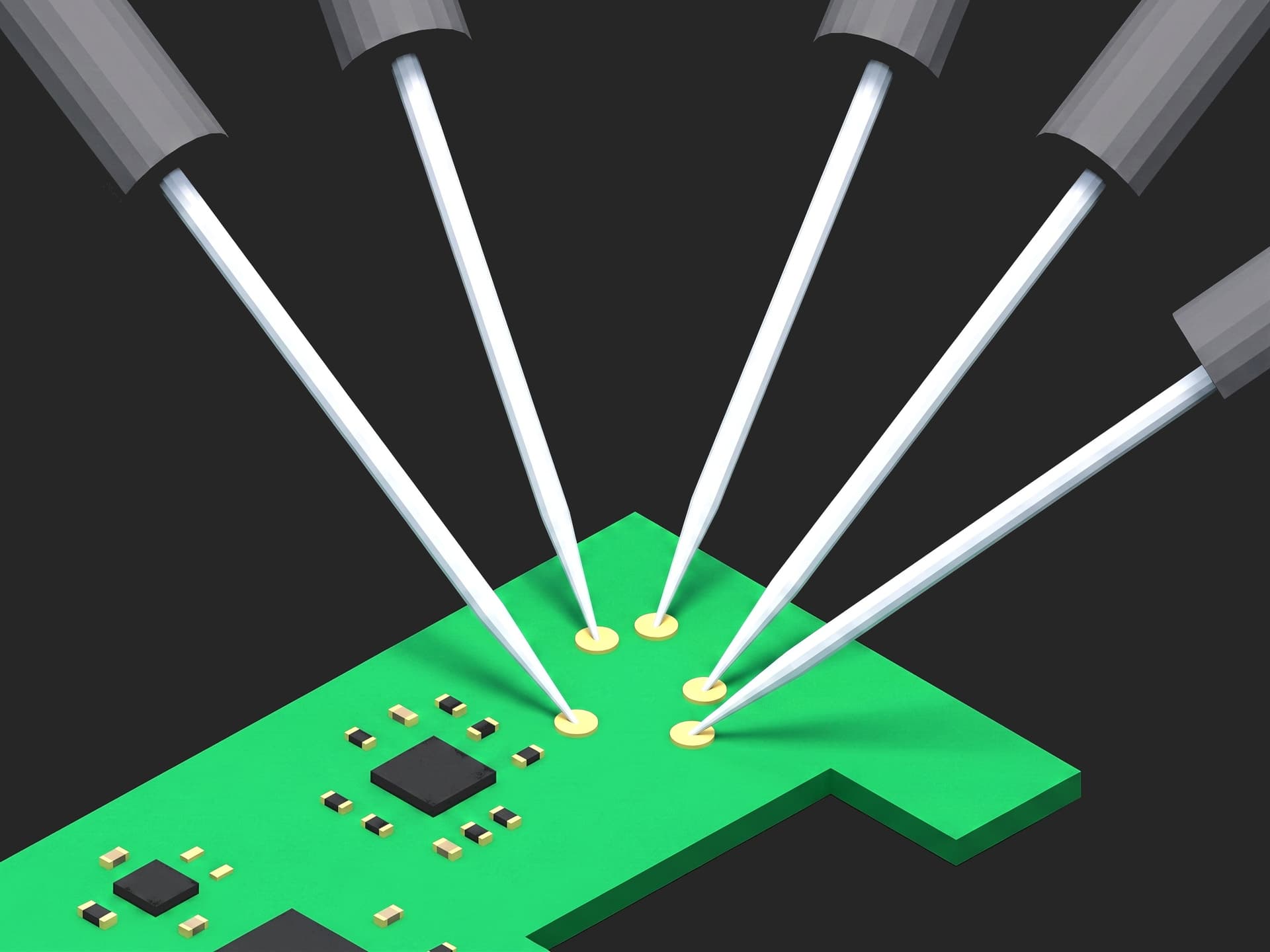 Flying probe close-up: five tilted needles from the probe heads above landing on gold test pads of a populated PCB.