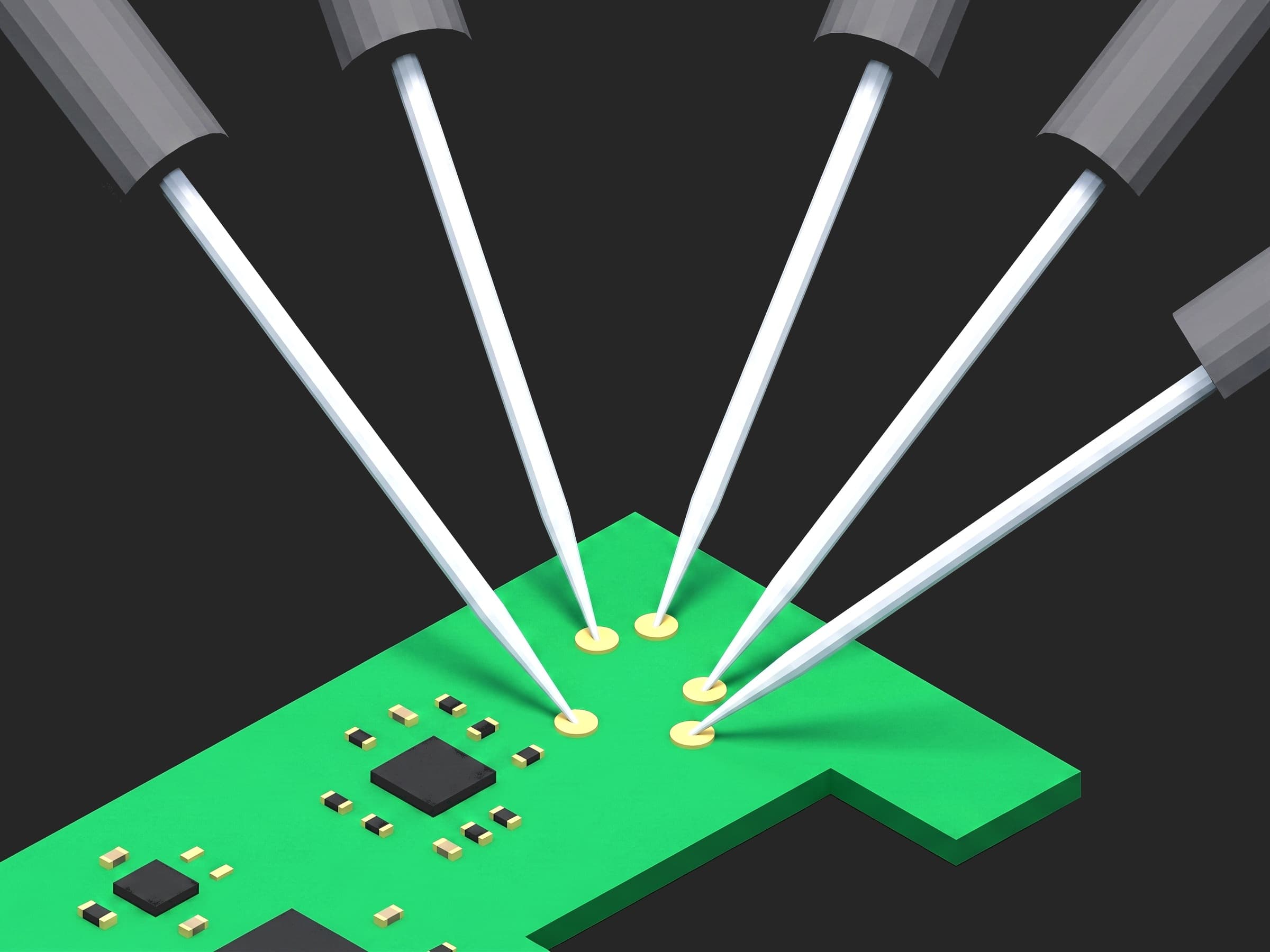 Flying probe close-up: five tilted needles from the probe heads above landing on gold test pads of a populated PCB.