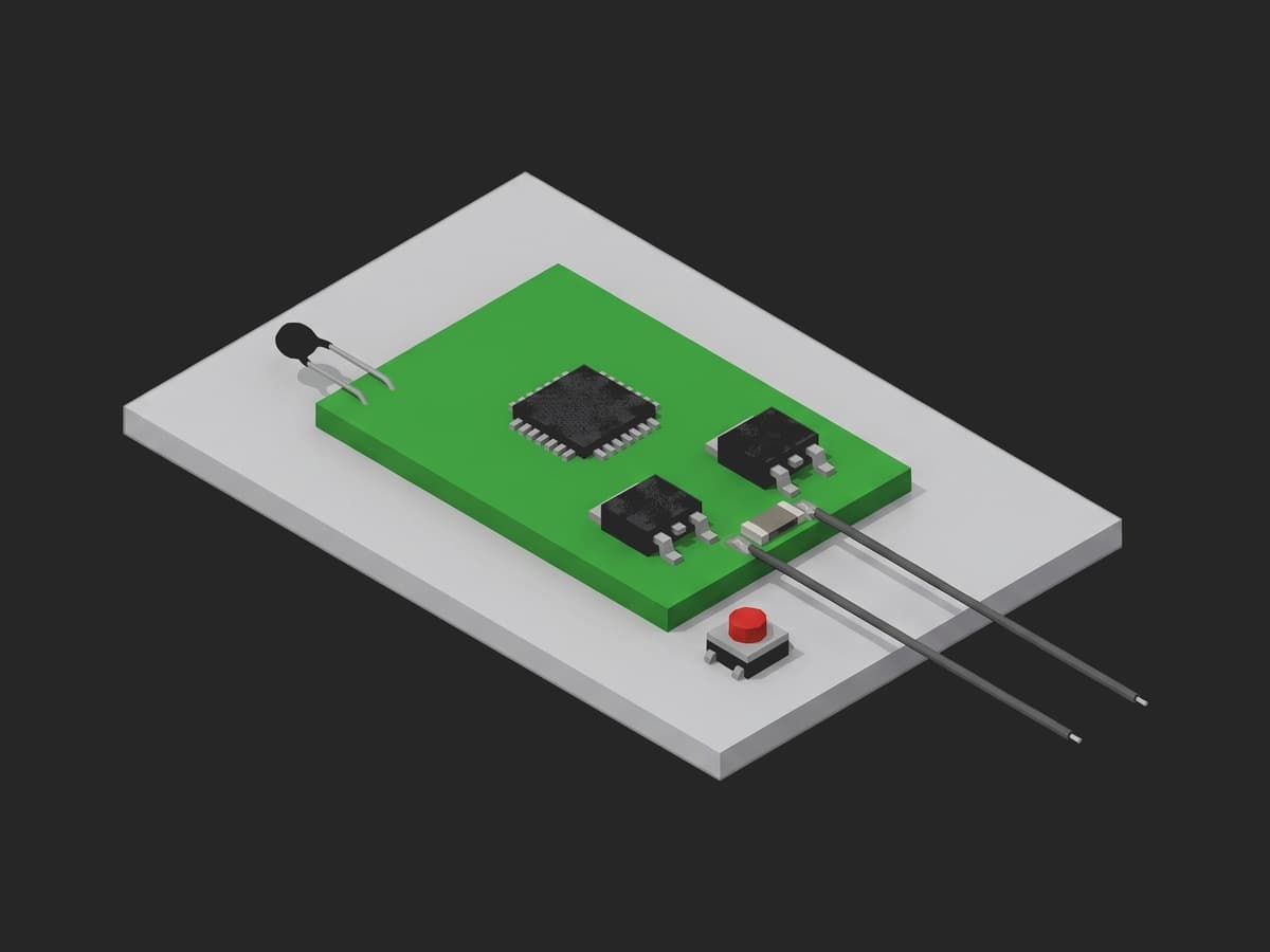 A BMS PCBA on a plate: the black AFE chip, two power MOSFETs, the flat shunt resistor between them with two sense wires, and the NTC thermistor bead on its two leads at the board's corner.
