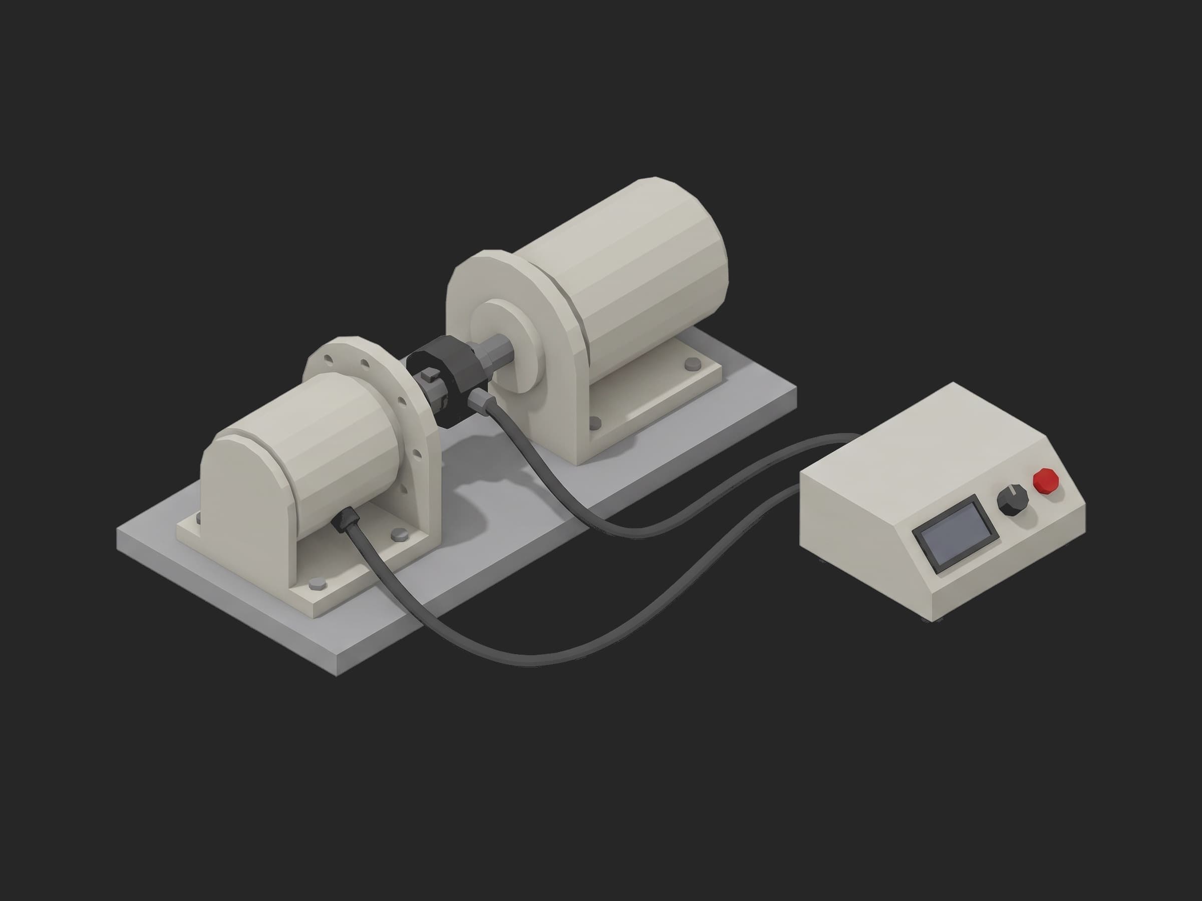 Actuator dyno station: the joint actuator in a bracket coupled through an inline torque transducer to a larger load motor on one axis, cabled to a bench instrument with a red pushbutton on the right.