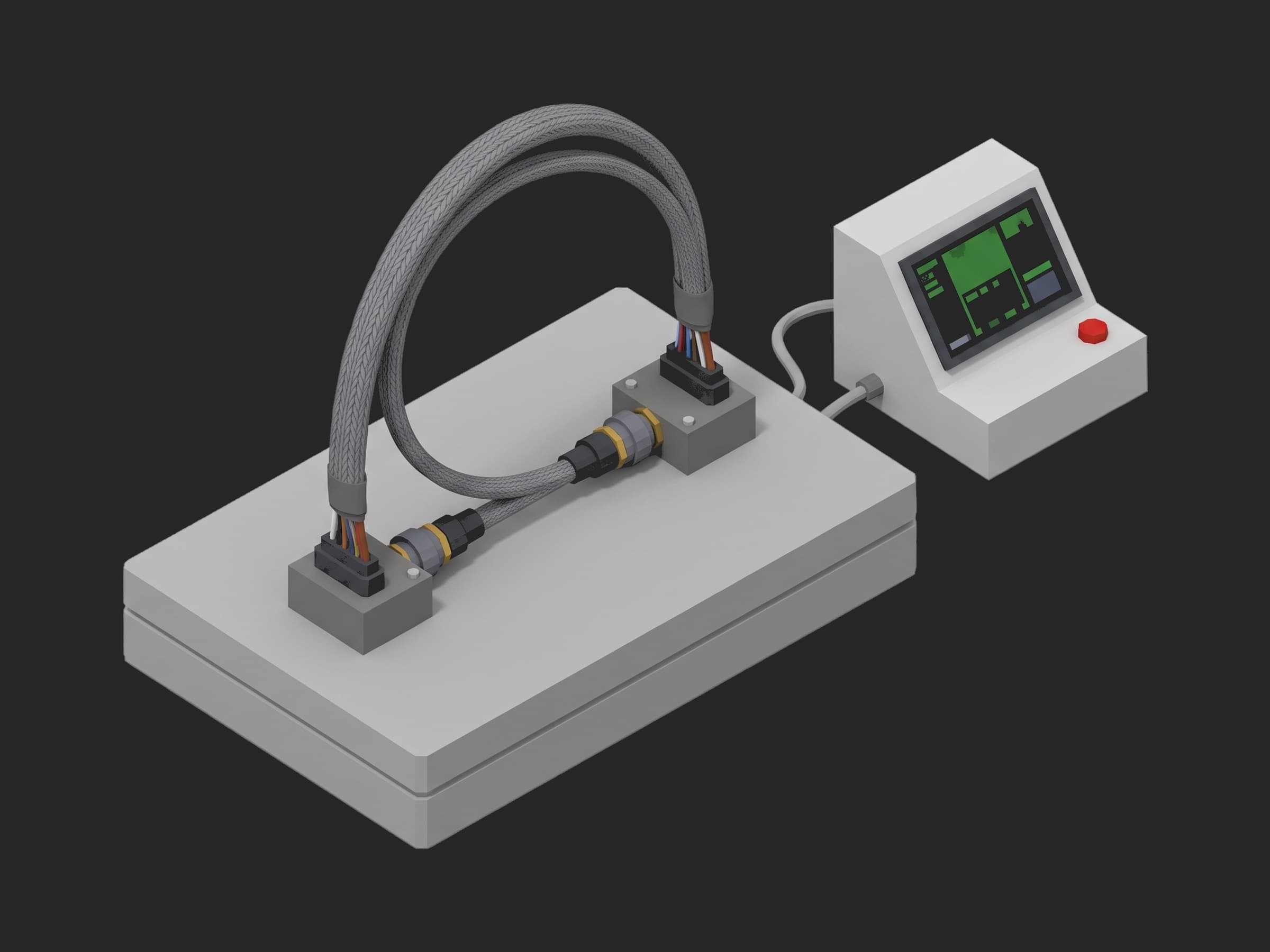 Harness test bench: a braided harness mated to two adapter blocks on a harness tester, a bench instrument beside it