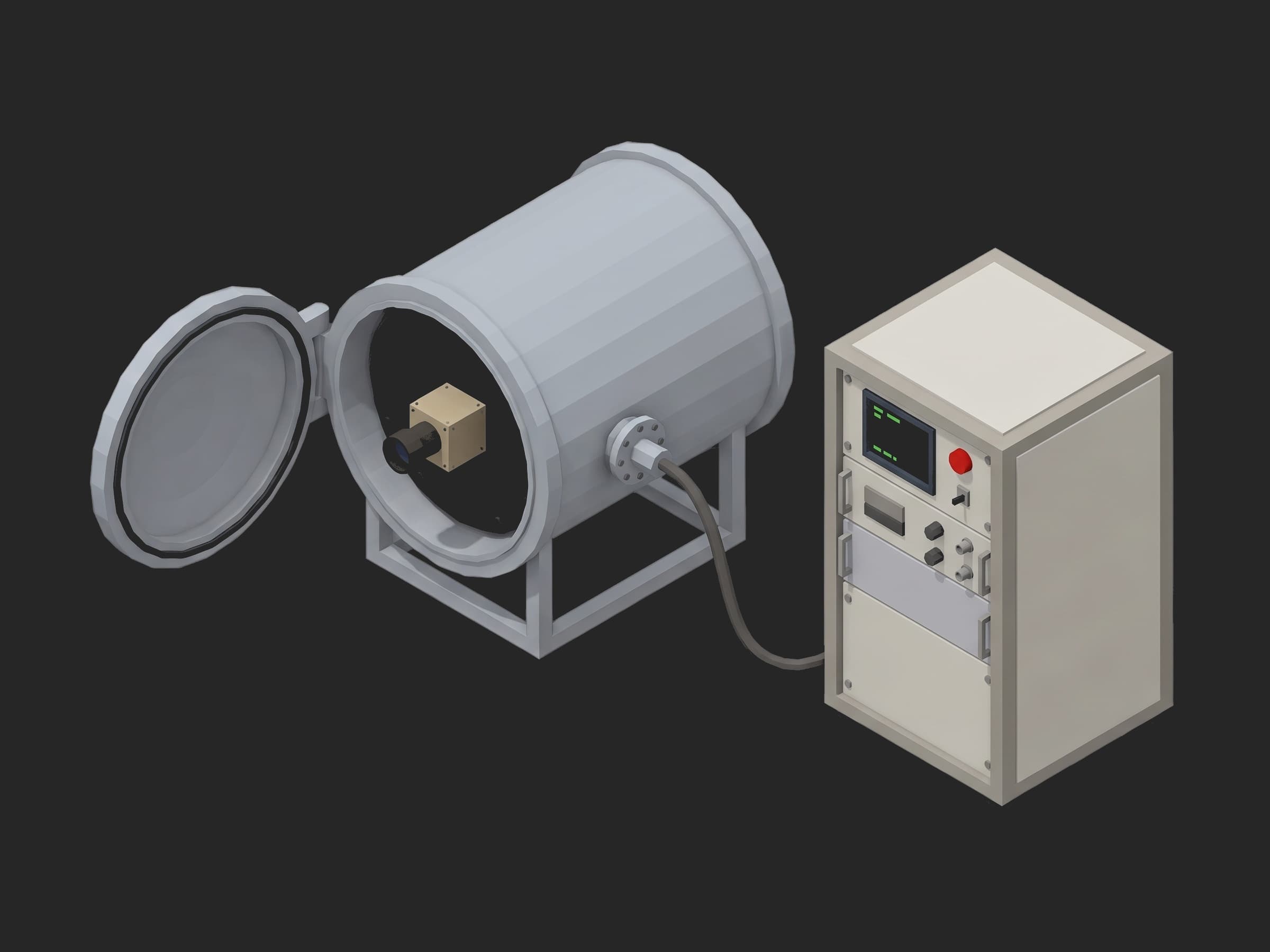 Thermal vacuum bench: a cylindrical chamber with its door open showing the star tracker on the plate inside, an instrument rack beside it