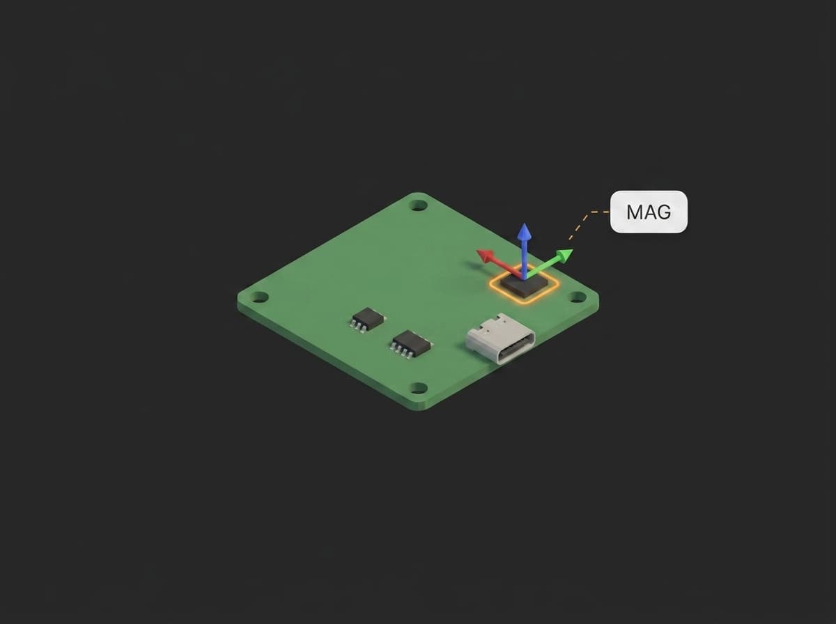 Flight-controller PCB with the magnetometer chip highlighted and its X, Y, Z sensor axes drawn at the package.